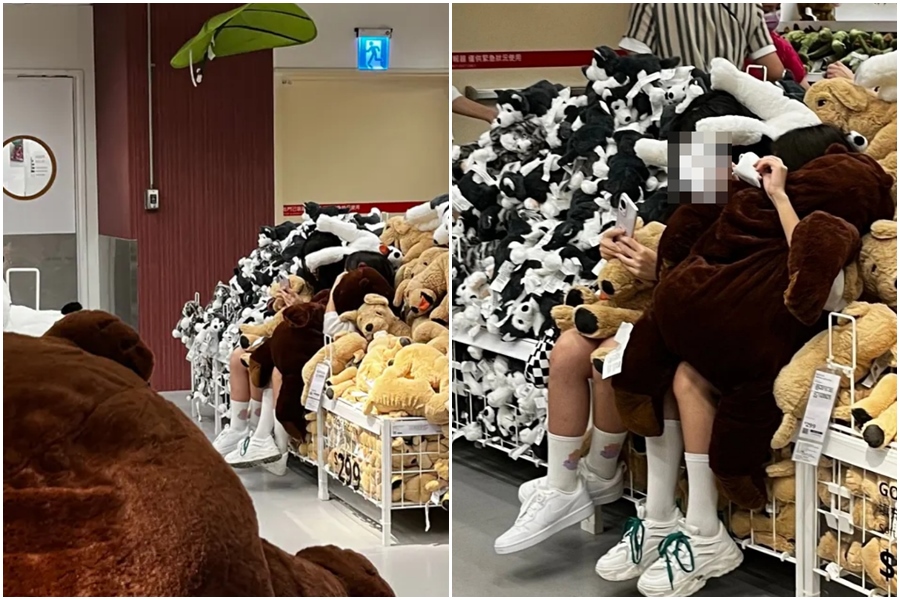 網友在IKEA賣場目擊2名學生妹躺進娃娃堆裡，並拿出手機瘋狂自拍。（翻攝Dcard）