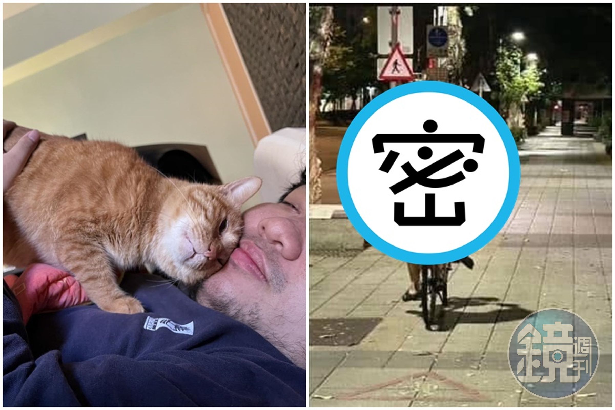 網友拍下統神深夜在街頭邊騎單車邊學貓叫的背影。（翻攝自大幫手003臉書）