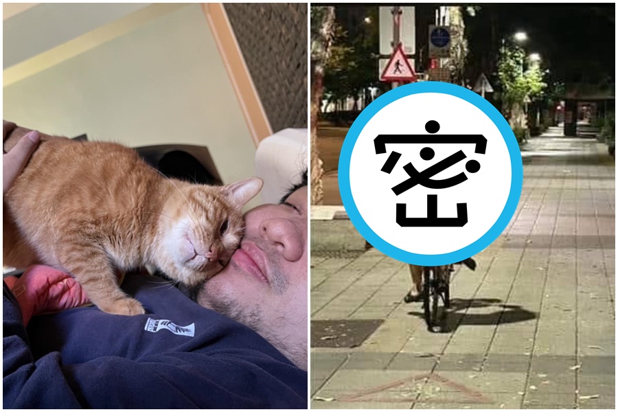 網友拍下統神深夜在街頭邊騎單車邊學貓叫的背影。（翻攝自大幫手003臉書）