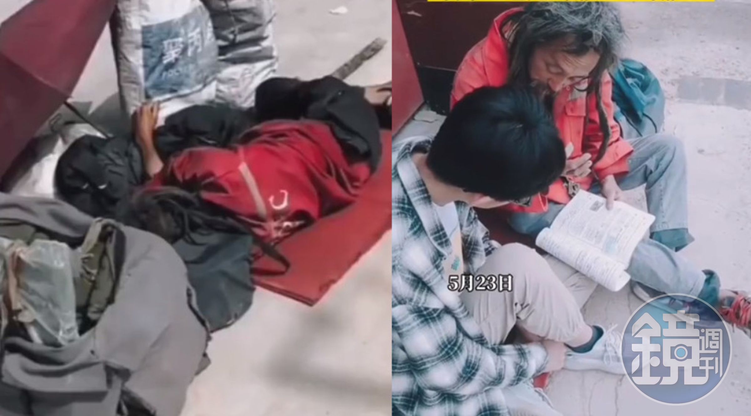 中國河北一名街友靠當街教小孩英語謀生。(翻攝自微博)