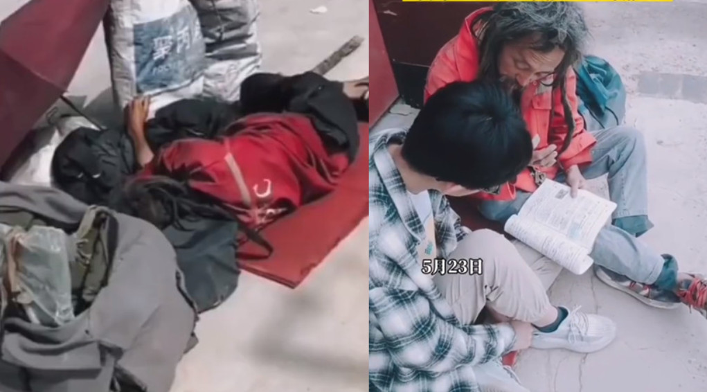 中國河北一名街友靠當街教小孩英語謀生。（翻攝自微博）