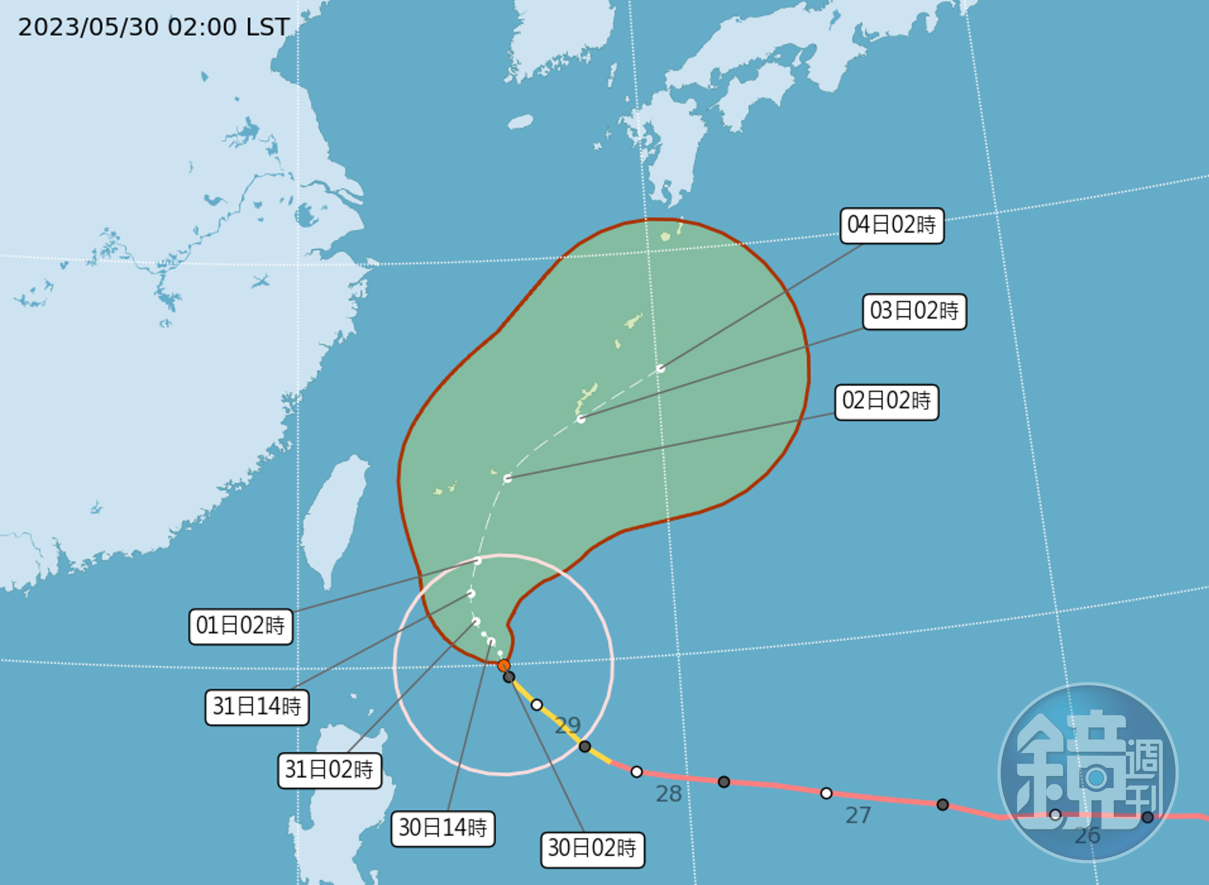 中颱「瑪娃」颱風中心目前在鵝鑾鼻東南東方海面，向北轉北北西移動，其暴風圈正逐漸進入巴士海峽及台灣東南部海面。（氣象局提供）