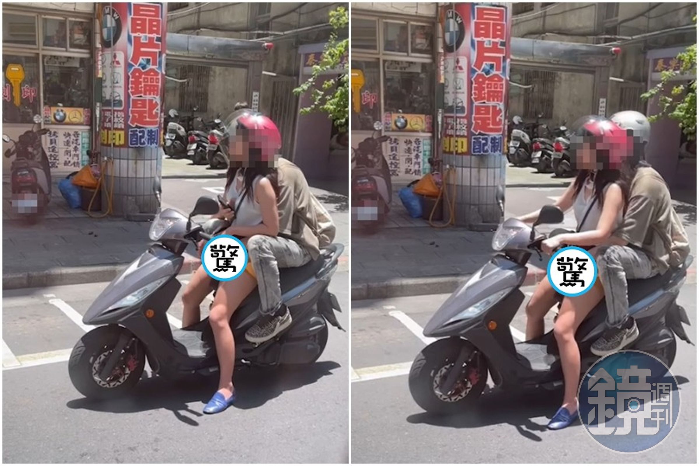 網友在台北街頭目擊一輛機車情侶雙載，疑似趁等紅燈期間雙手不安分調情。（翻攝自交通違規檢舉教學（公開版）臉書）