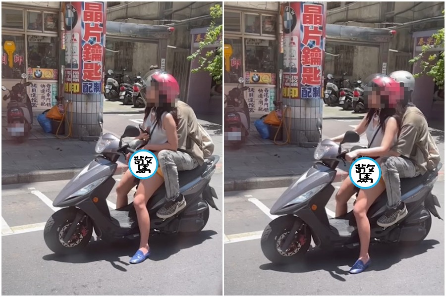 網友在台北街頭目擊一輛機車情侶雙載，疑似趁等紅燈期間雙手不安分調情。（翻攝自交通違規檢舉教學（公開版）臉書）