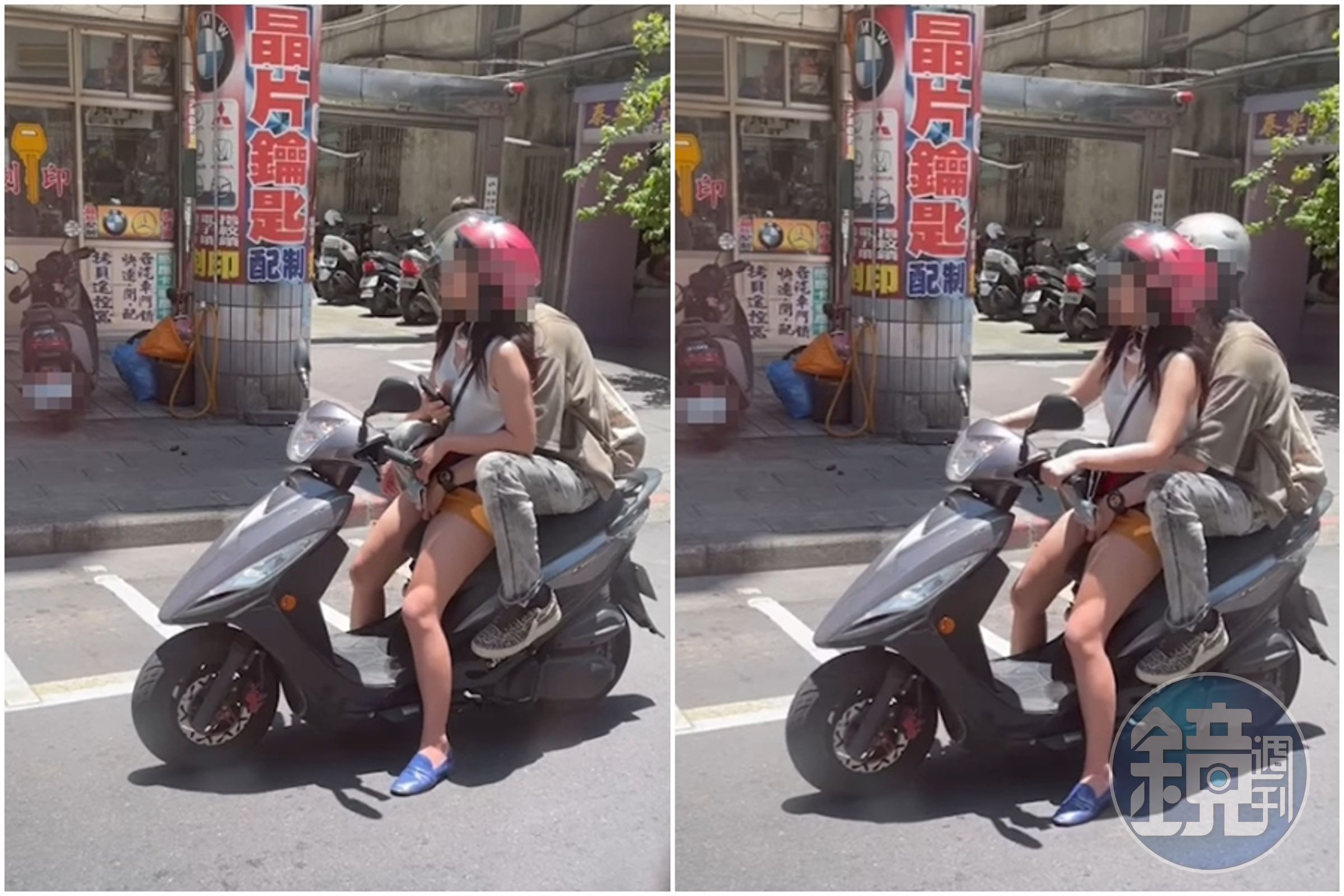 男伴從後方伸手調情，女騎士還一度瞇著雙眼，臉部稍微仰天，露出謎樣表情。（翻攝自交通違規檢舉教學（公開版）臉書）