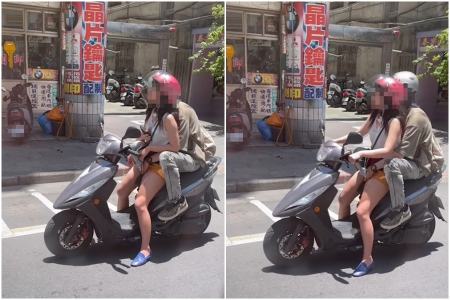 男伴從後方伸手調情，女騎士還一度瞇著雙眼，臉部稍微仰天，露出謎樣表情。（翻攝自交通違規檢舉教學（公開版）臉書）