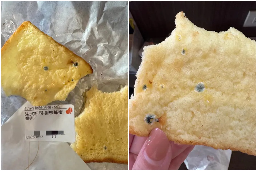 一名女網友在Dcard抱怨，某本土連鎖咖啡店的法式吐司嚴重發霉。（翻攝自Dcard）