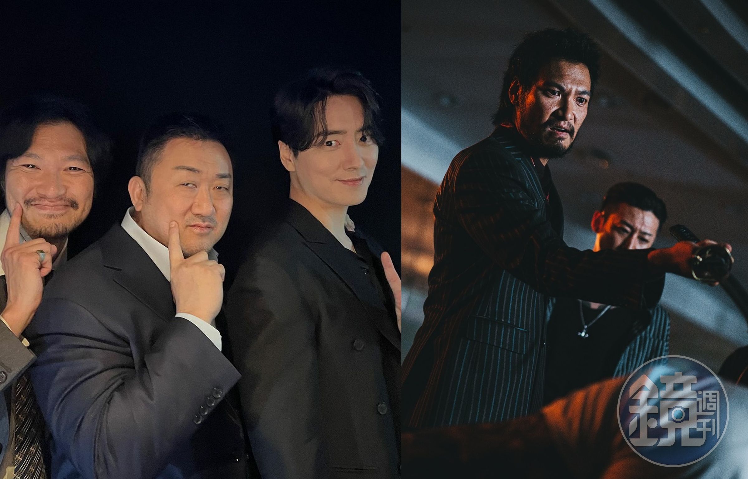 日本演員青山崇高(右圖)受邀加入《犯罪都市3》卡司陣容,近日與馬東石(左圖中)和李浚赫(左圖右)一起在韓國跑宣傳。(左圖翻攝自李浚赫Instagram,右圖車庫娛樂提供)