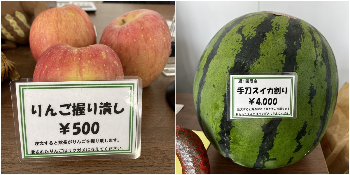 猛男館長的餵食服務，目前有蘋果以及西瓜兩種選擇。（翻攝深谷爬虫類館 推特）