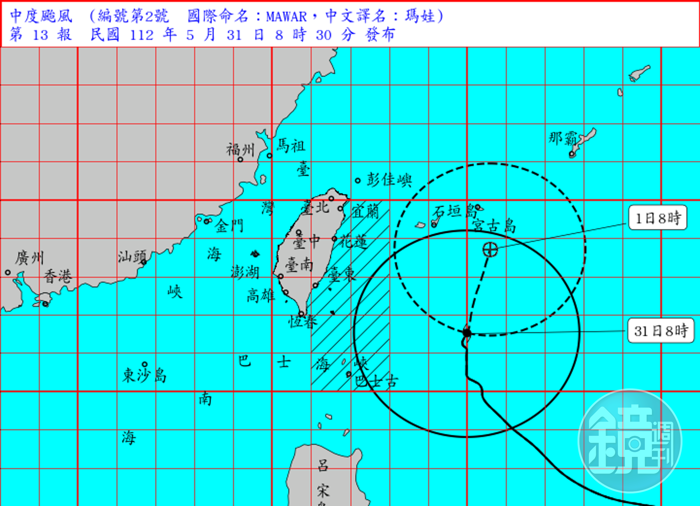 中度颱風瑪娃31日8時的中心位置在北緯21.5度，東經125.0度，即在鵝鑾鼻的東方約430公里之海面上。（氣象局提供）