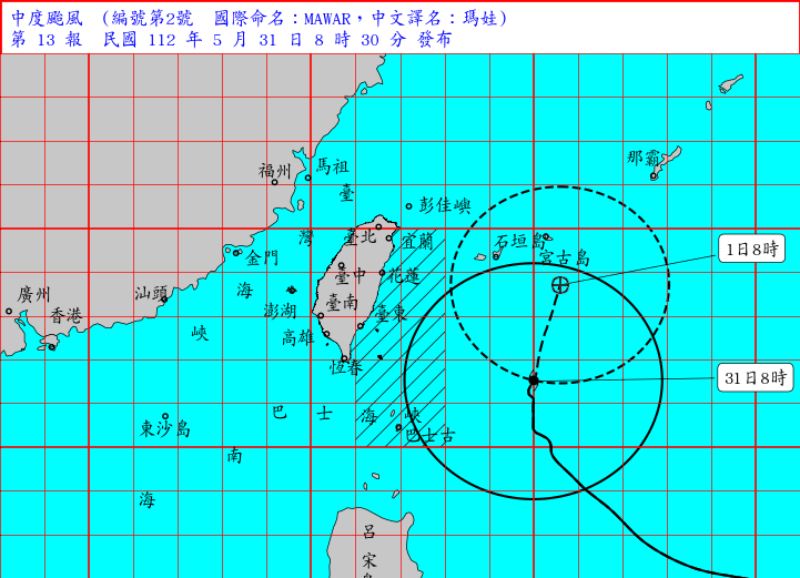 中度颱風瑪娃31日8時的中心位置在北緯21.5度,東經125.0度,即在鵝鑾鼻的東方約430公里之海面上。(氣象局提供)