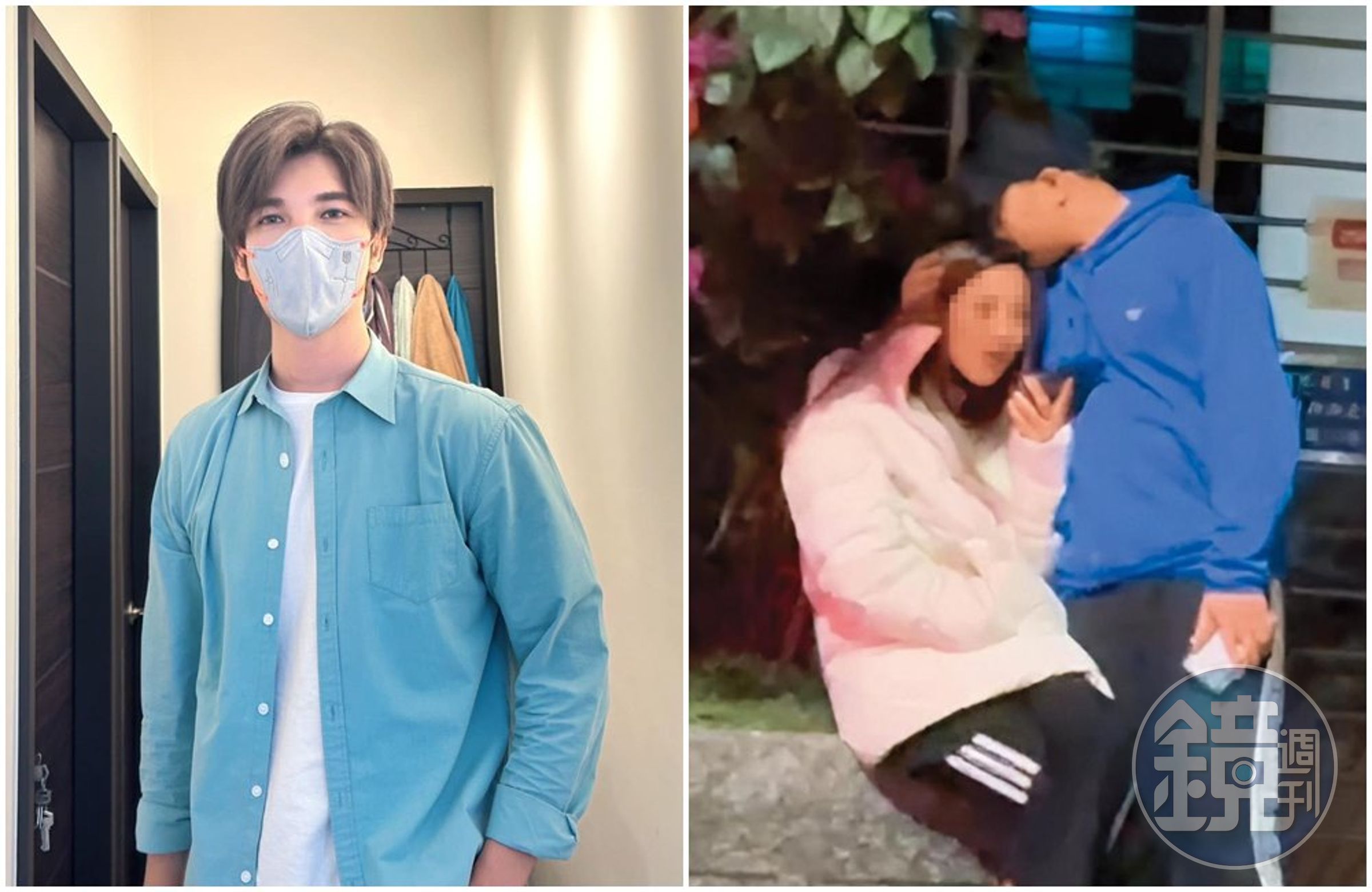 口罩男(左圖)爆婚變,老婆樂兒3月31日被黑帽男在街頭親吻(右圖)。(翻攝口罩男臉書/讀者提供)