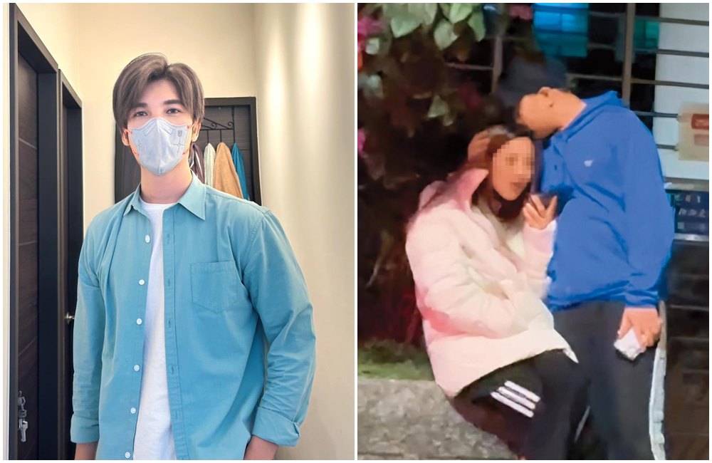 口罩男（左圖）爆婚變，老婆樂兒3月31日被黑帽男在街頭親吻（右圖）。（翻攝口罩男臉書／讀者提供）