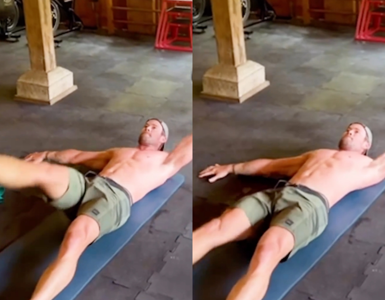 克里斯漢斯沃在家運動的短片，意外讓網友歪樓。（翻攝自Chris Hemsworth官方Instagram）