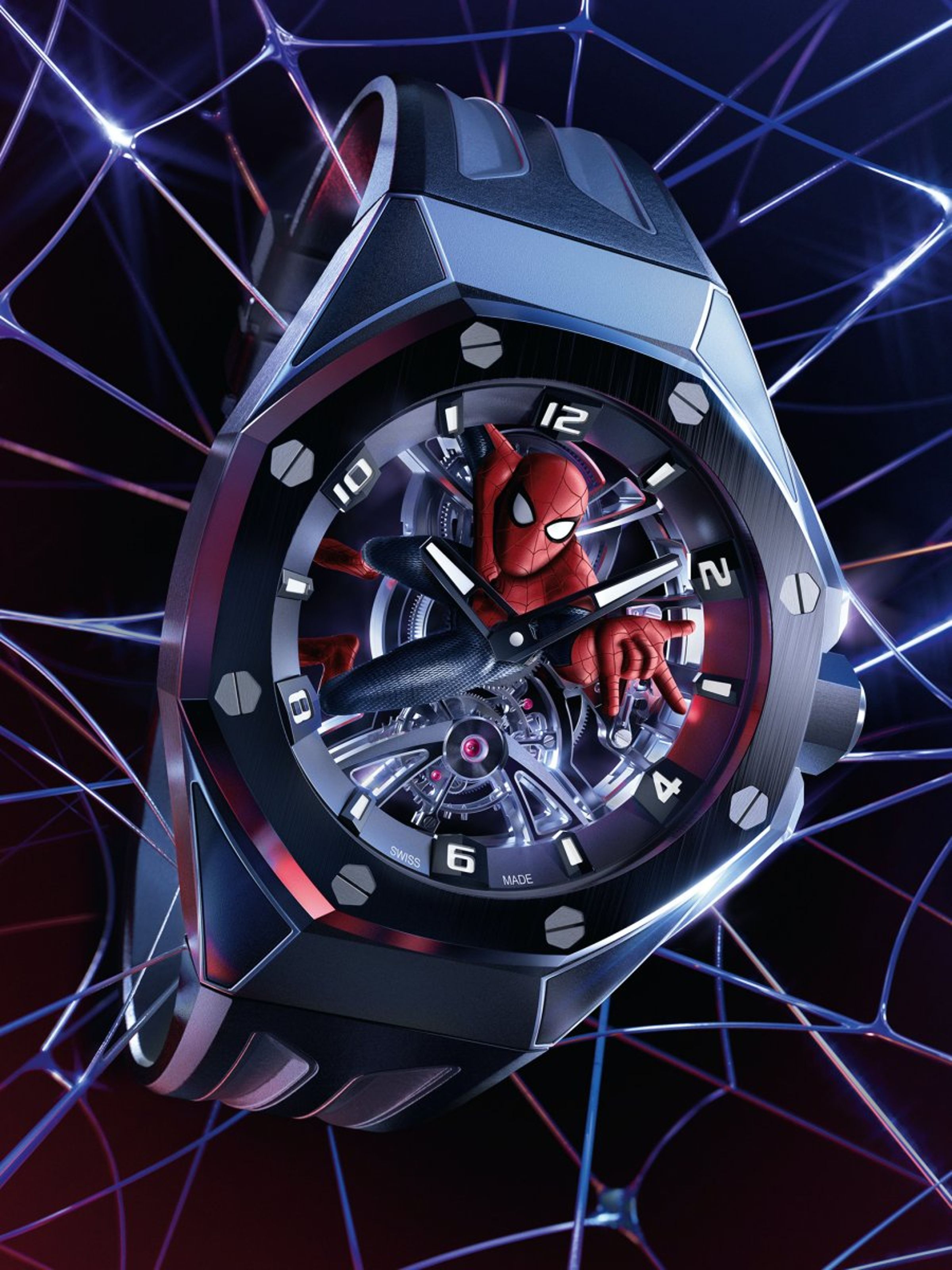 AP愛彼發表Royal Oak Concept皇家橡樹概念系列「蜘蛛人」陀飛輪腕錶，結合傳統工藝與尖端科技於一身。42毫米錶殼以鈦金屬及黑色陶瓷打造，透過鏤空技藝，展現愛彼複雜功能腕錶的創意，也突顯了流行文化的重要性。定價19萬5,000瑞士法郎，限量發行250只。