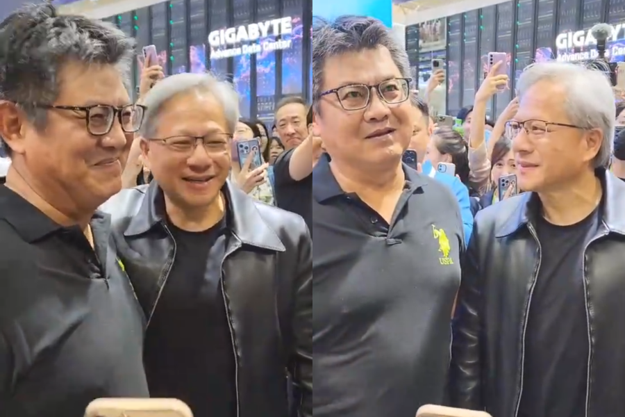 黃仁勳（右）到技嘉攤位力挺供應鏈夥伴。（讀者提供）