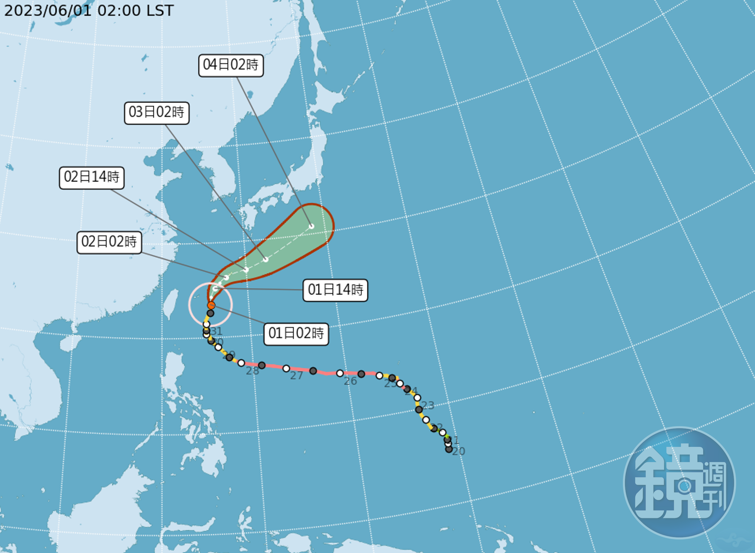 瑪娃減弱輕度颱風，向北北東逐漸加速並遠離，強度有逐漸減弱的趨勢。（中央氣象局提供）