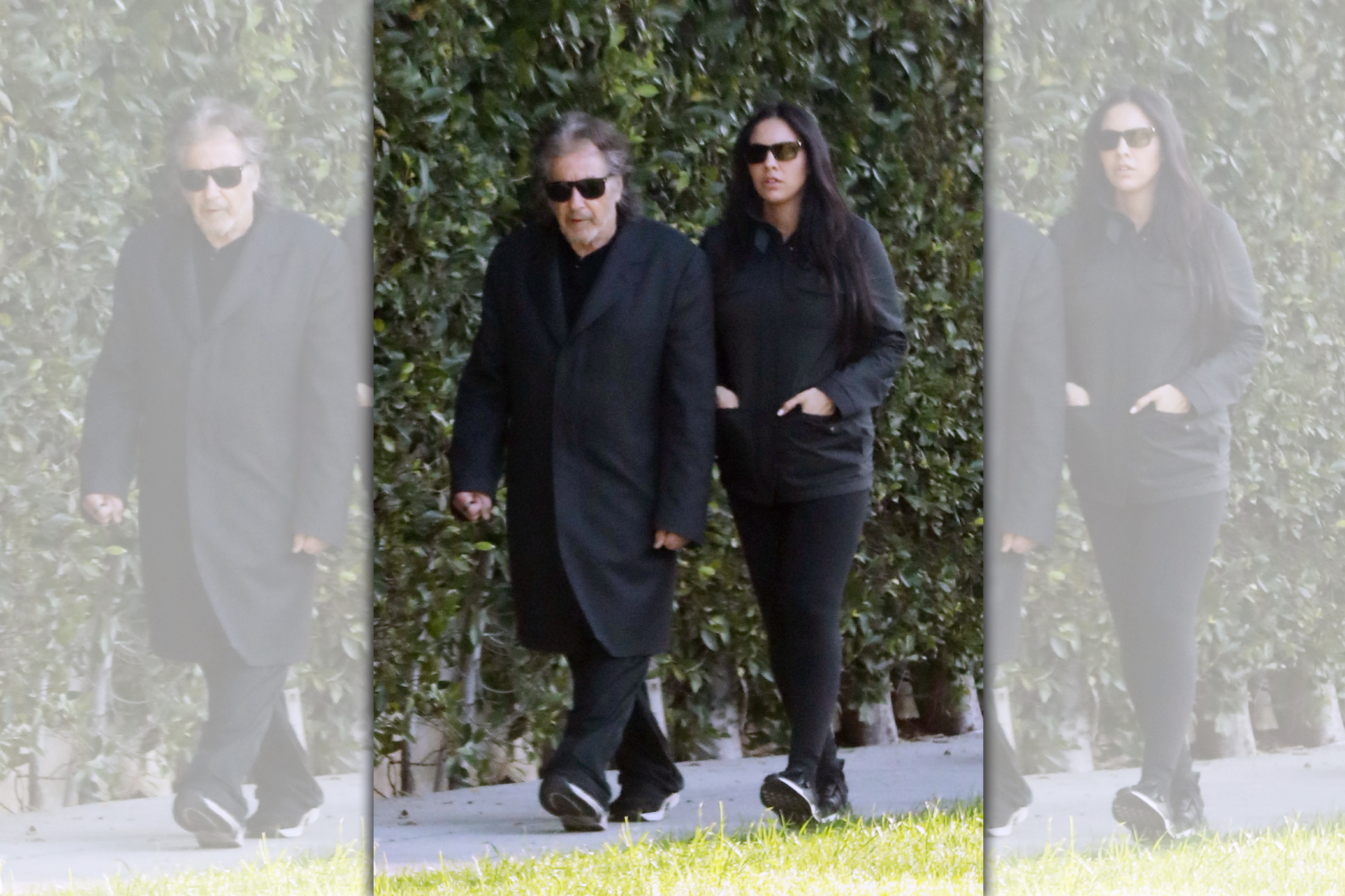 艾爾帕西諾（左）與女友諾兒阿爾法拉（右）4月才被拍到穿著一身黑走在路上。（東方IC）