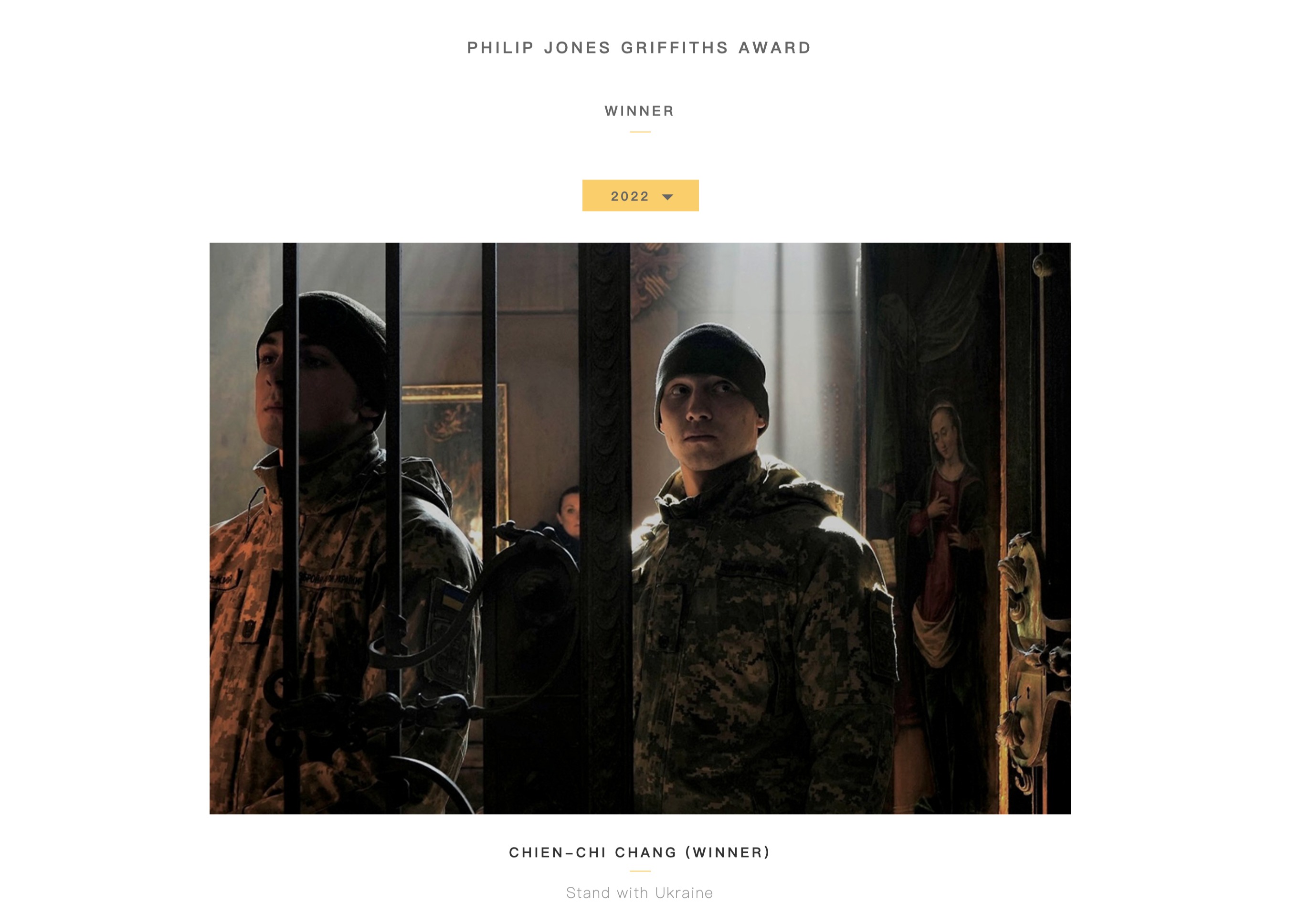 張乾琦以《與烏克蘭站在一起》作品獲得菲利普瓊斯格里菲斯攝影獎。（翻攝自philipjonesgriffiths官網）