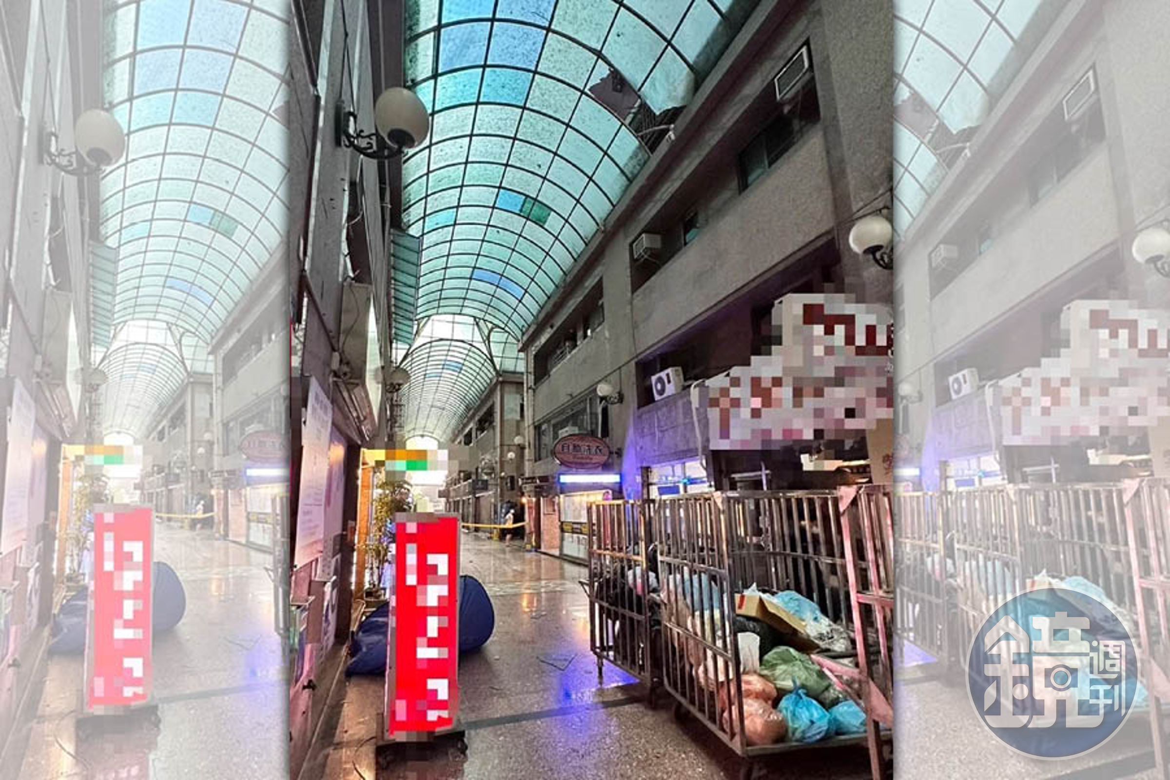 高雄市85大樓對面今天下午傳墜樓意外，男子穿破遮陽棚摔落商店街死亡。（翻攝畫面）