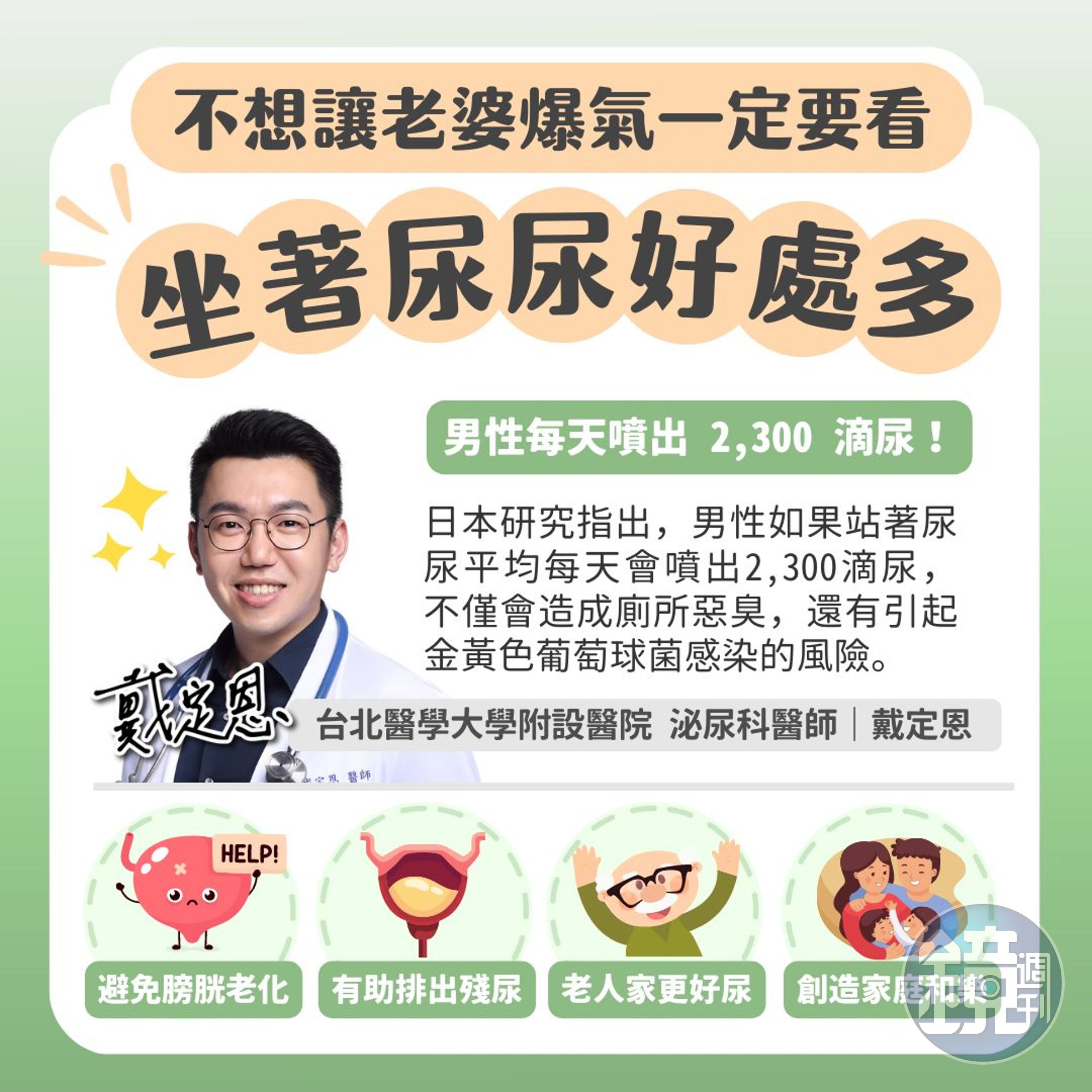 泌尿科戴定恩也曾指出4大男性「坐著尿尿」的好處。(翻攝臉書)