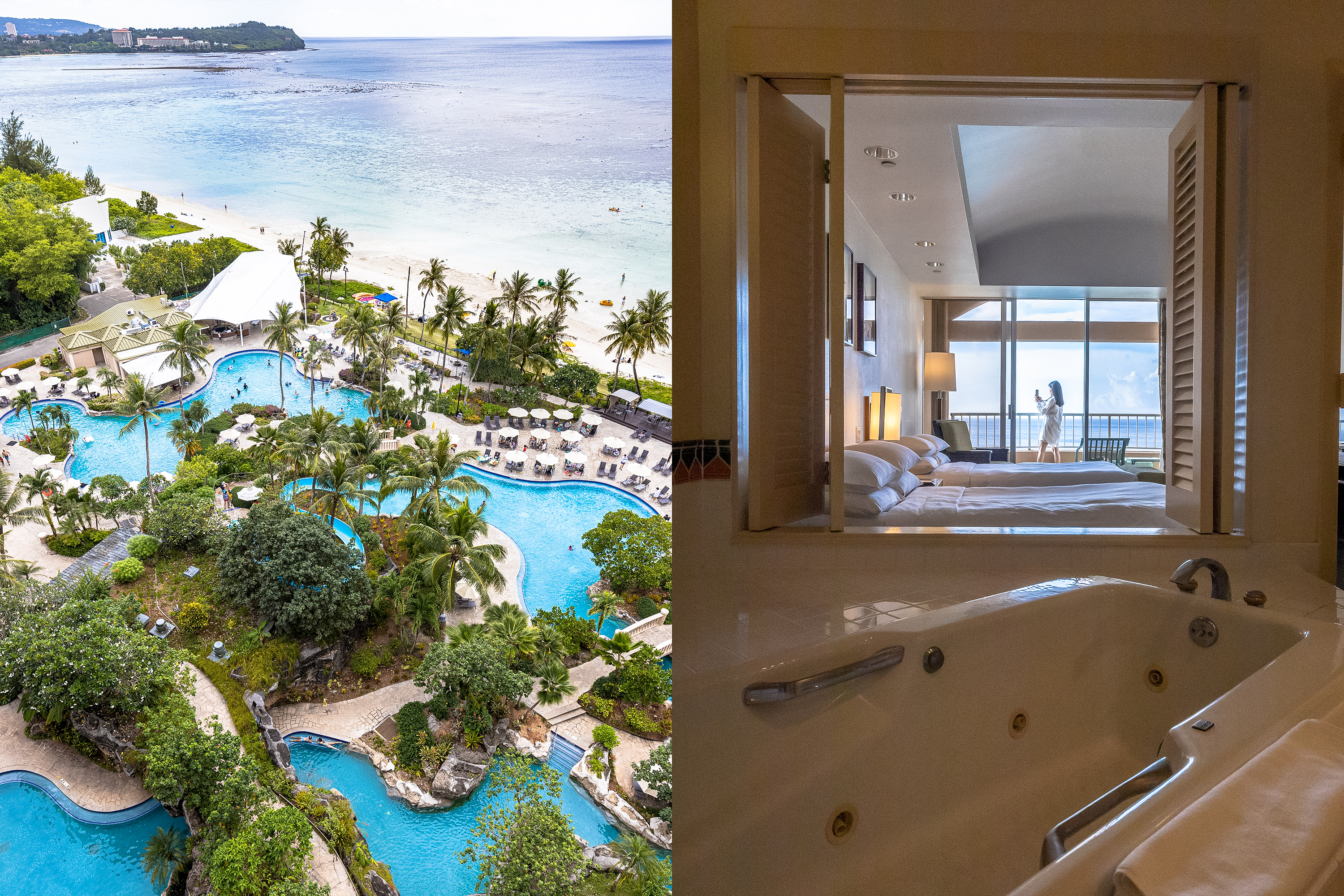 關島凱悅酒店不僅直通杜夢灣沙灘，還擁有腹地寬廣的泳池區與戲水區，就像內建一座小型水上樂園。