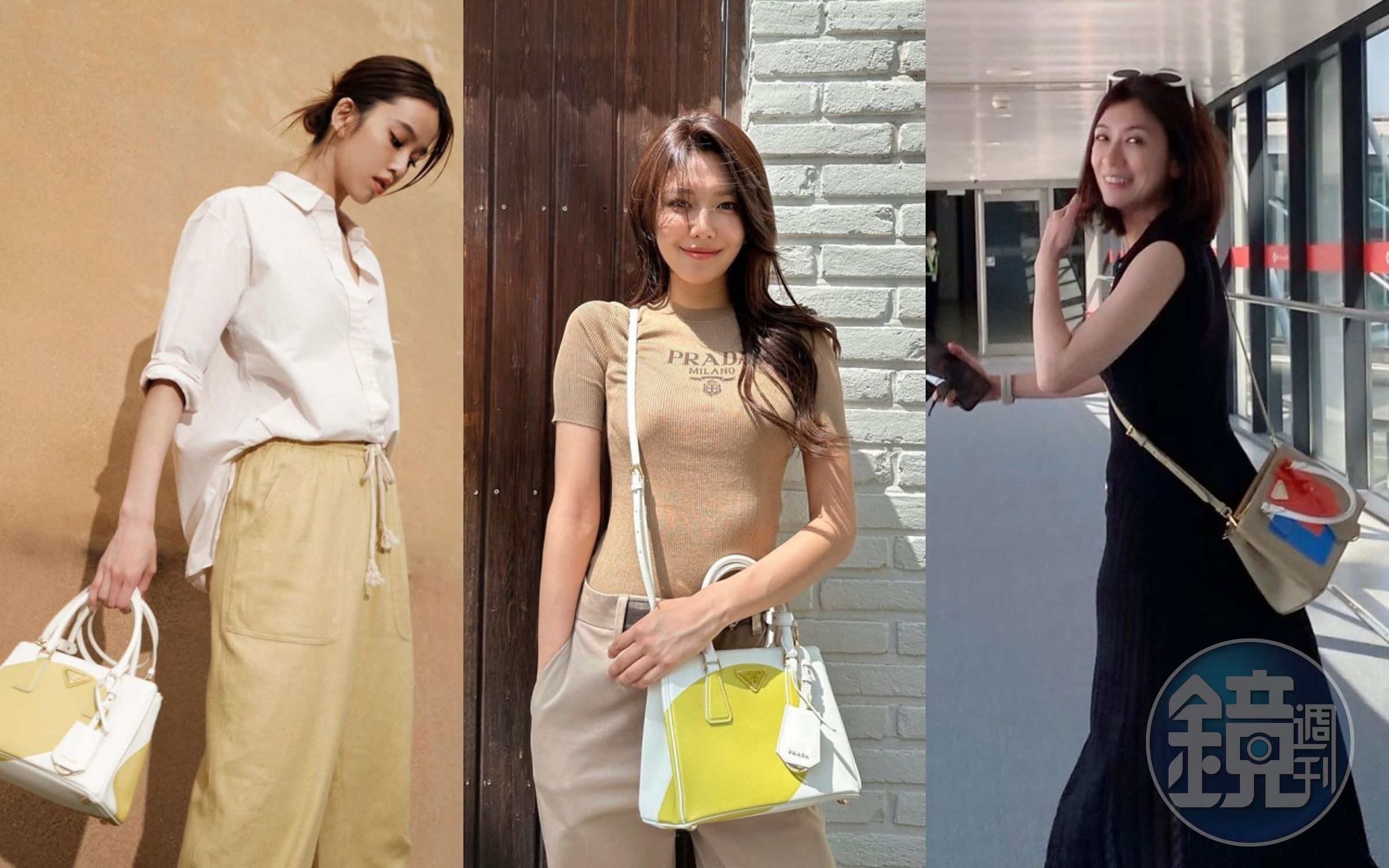 (左起)陳庭妮、秀英、賈靜雯,都以PRADA Galleria包款妝點自己的穿搭look。(翻攝自網路)