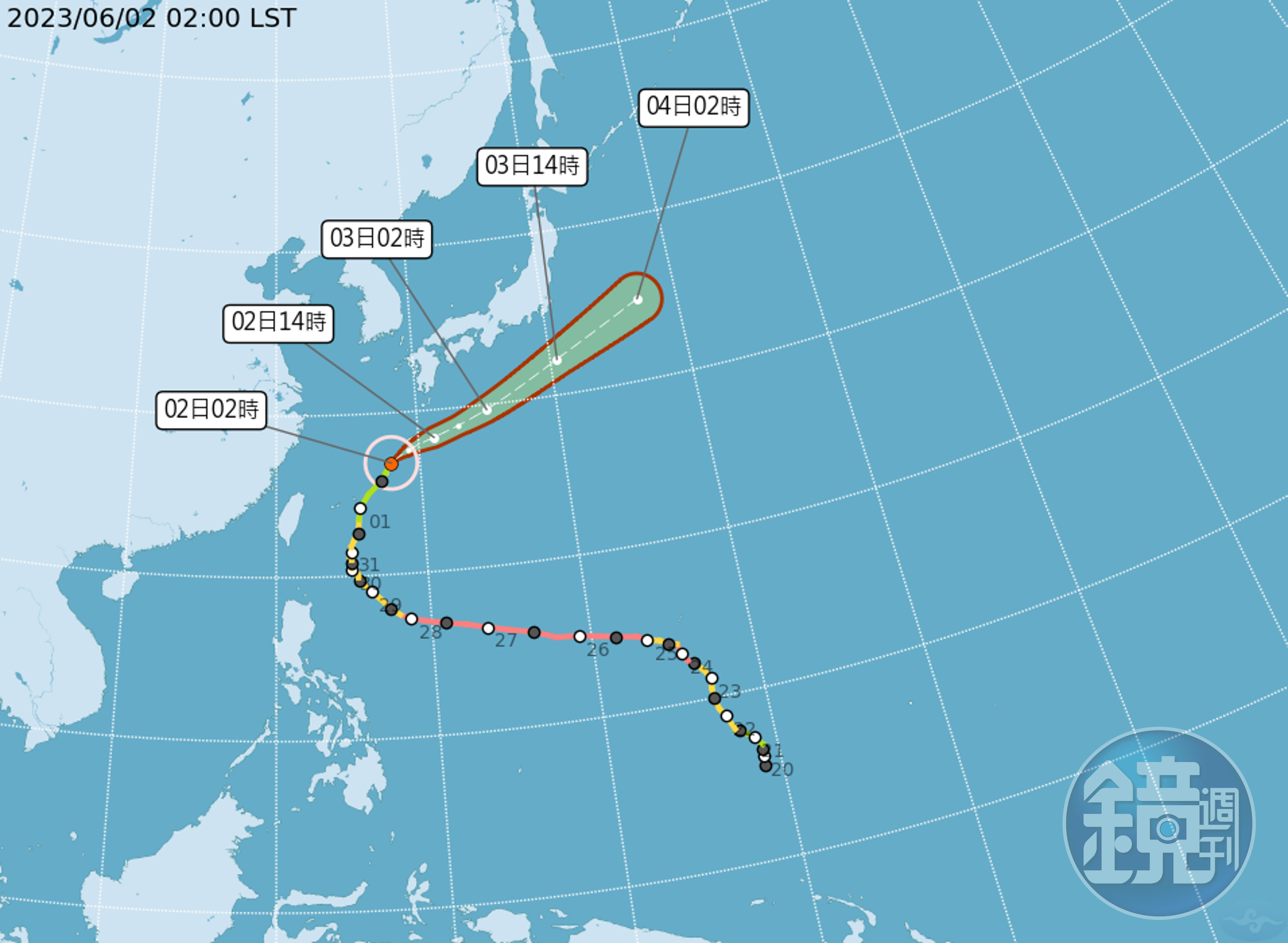 瑪娃颱風逐漸遠離,對台灣天氣的影響漸小。(中央氣象局提供)