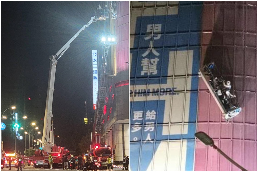 3名工人在環亞大樓外牆施工時發生吊籠傾斜，受困在空中險象環生。（翻攝臉書「●【爆料公社】●」）