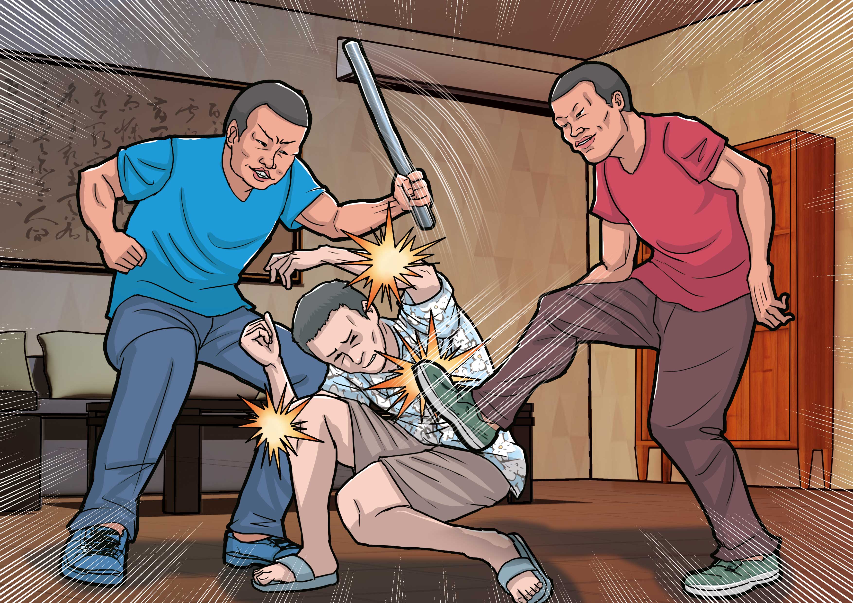 陳姓兄弟聯手毆打郭男（中），最後失手將他打死。（示意畫面）