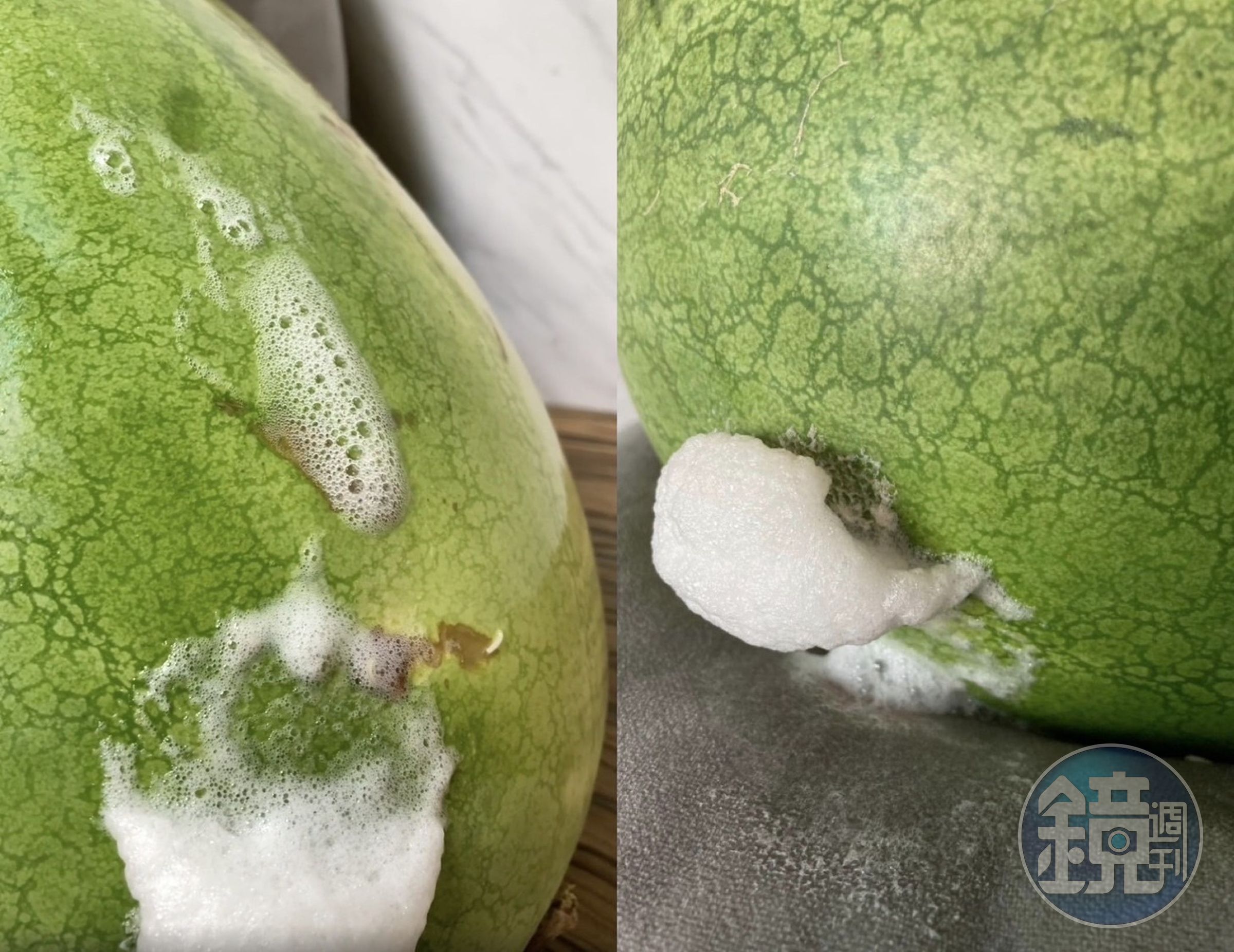 一名網友從好市多買西瓜回家，卻看到外皮不斷冒白色泡泡。（翻攝Costco好市多 商品經驗老實說臉書）