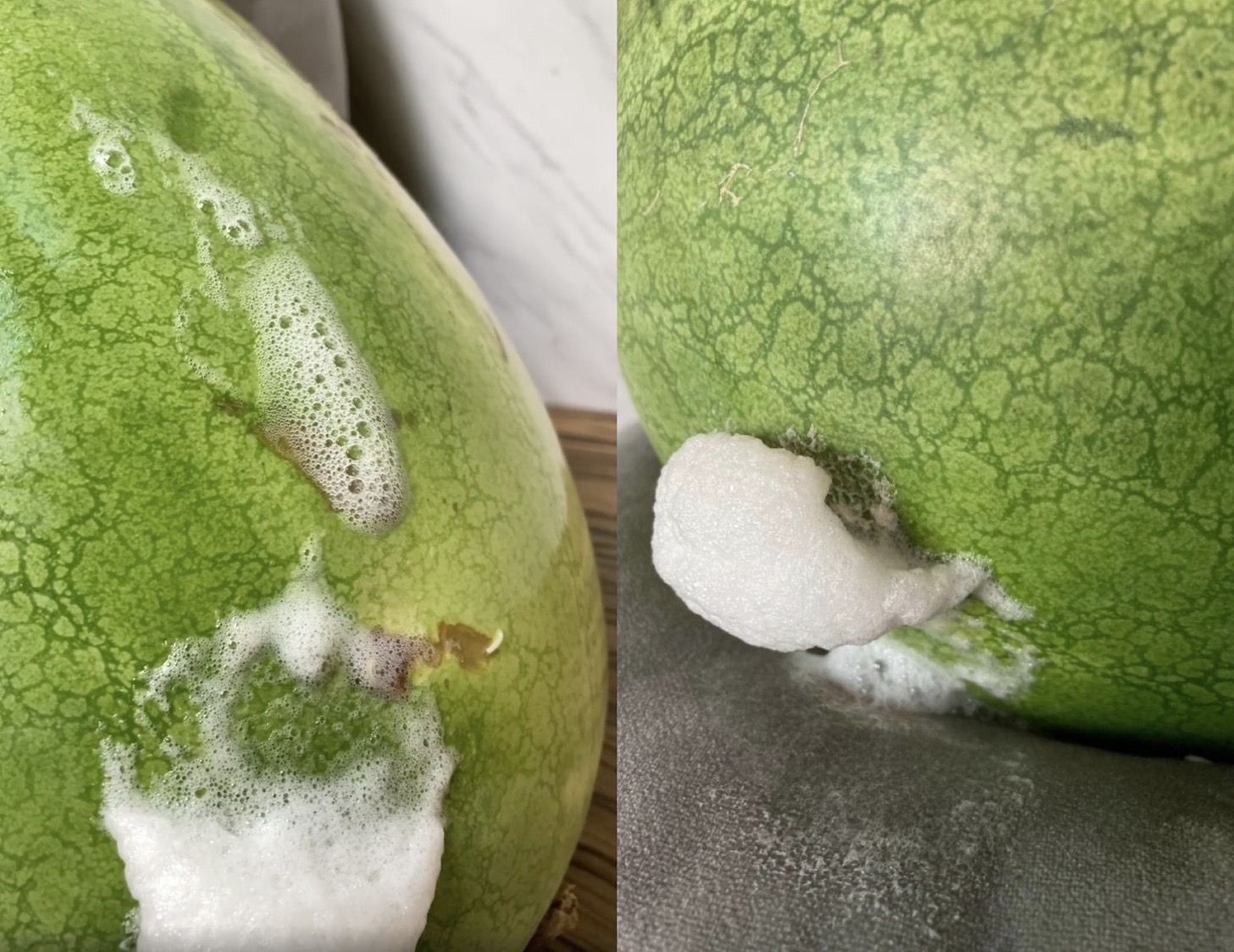 一名網友從好市多買西瓜回家，卻看到外皮不斷冒白色泡泡。（翻攝Costco好市多 商品經驗老實說臉書）