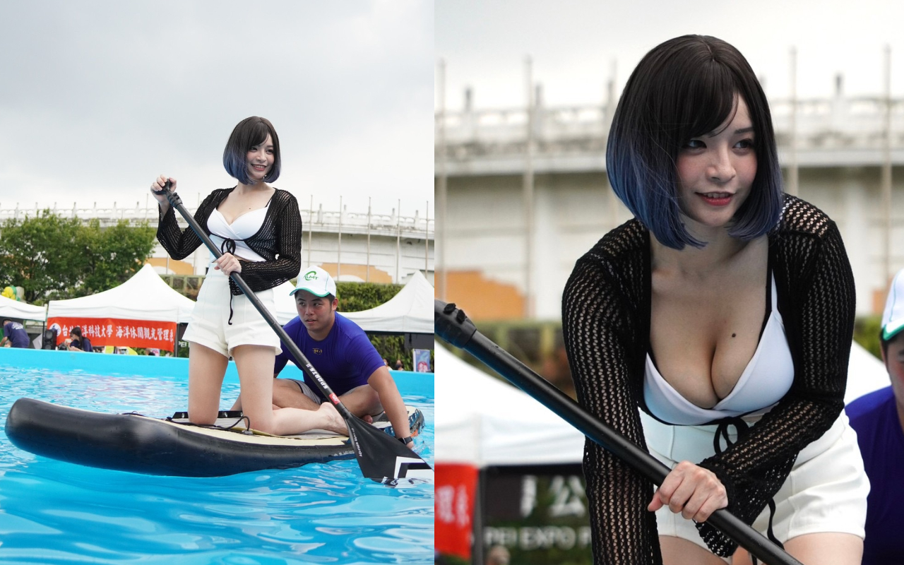 郭鬼鬼在花博下水玩SUP立槳，覺得很好玩，濕褲還不想上岸。（台北海大提供）