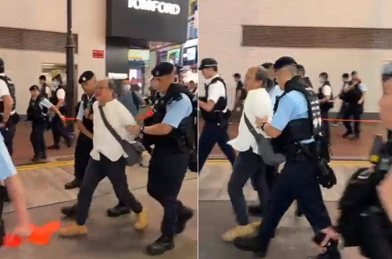 藝術家陳式森呼籲香港人不要忘記六四，遭港警以煽動意圖等罪強行帶走。（翻攝自推特）