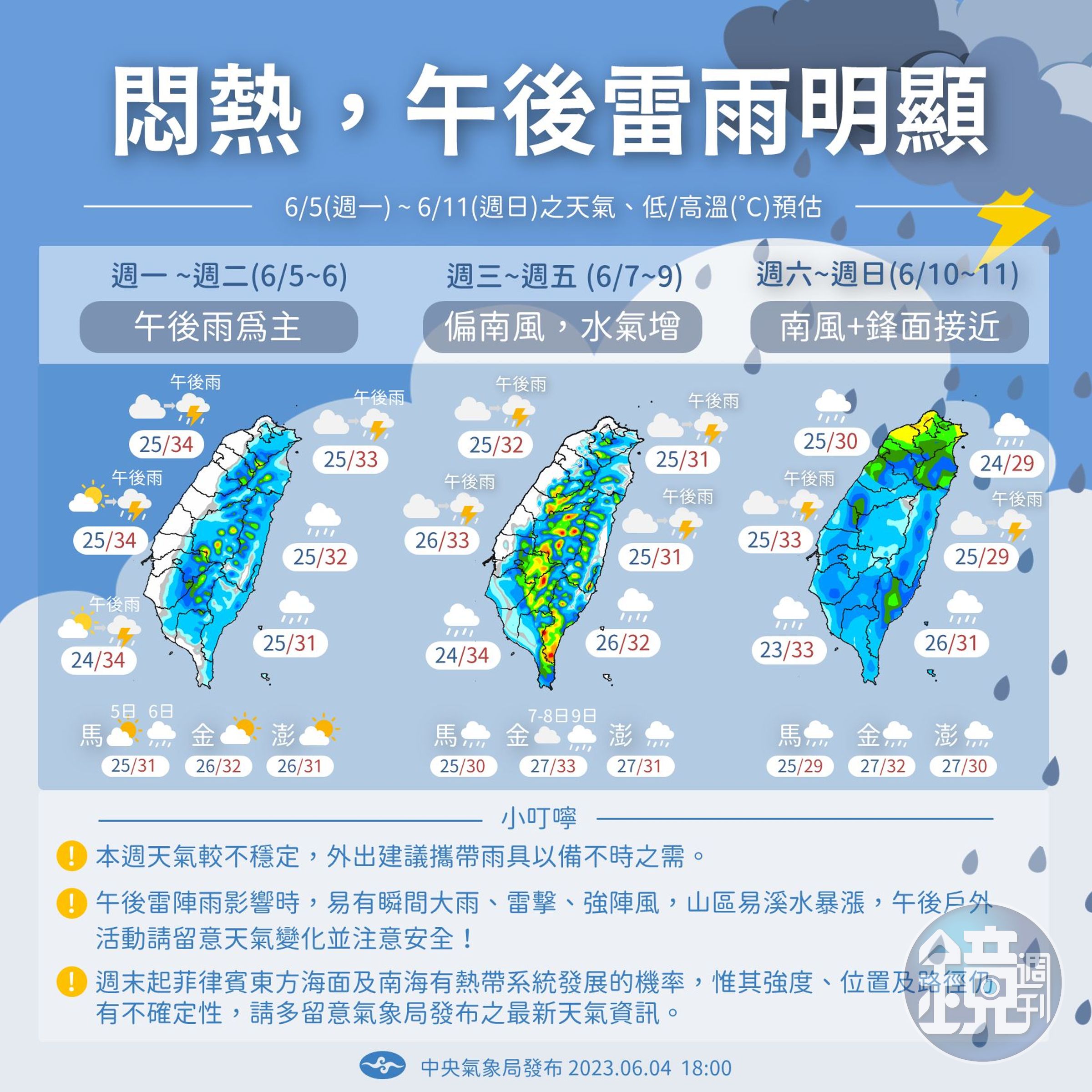 氣象局表示,未來一週天氣將越來越不穩定。(翻攝自報天氣 - 中央氣象局臉書)