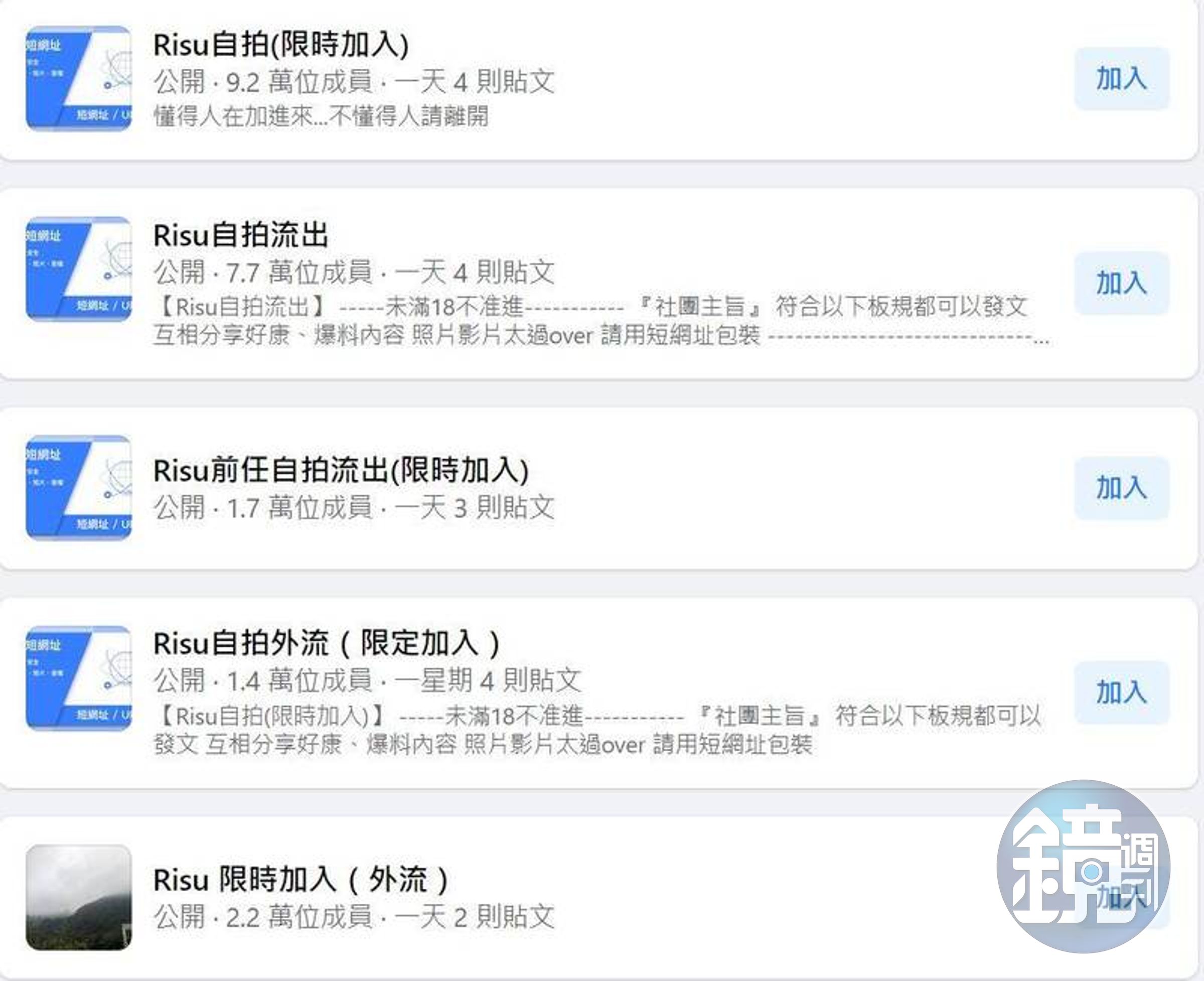有網友爆料臉書上有許多「RISU」的相關社團，內部充斥著大量未經當事人同意的偷拍照片與影片。（翻攝自臉書）