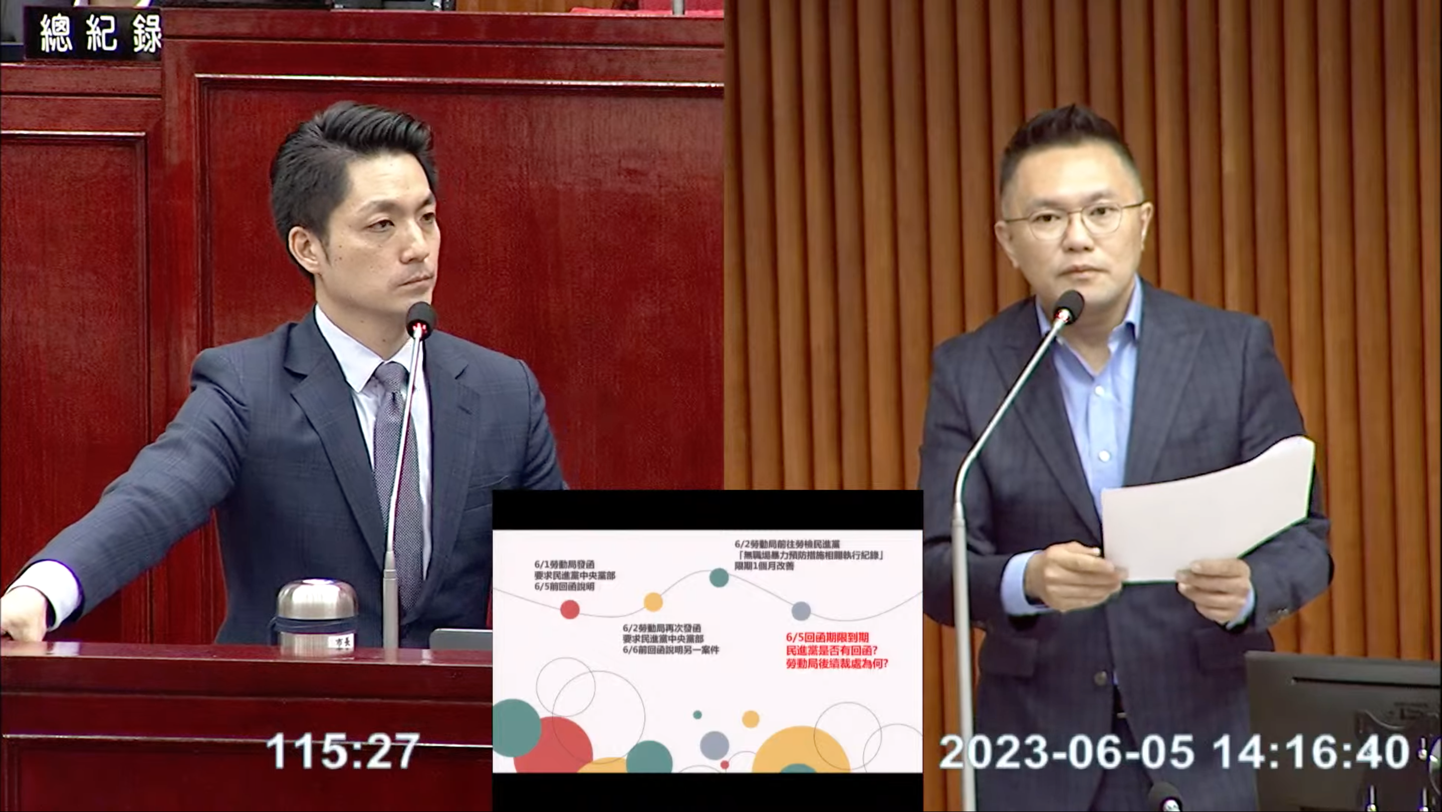 國民黨議員張斯綱（右）今針對民進黨性騷案進行質詢，市長蔣萬安（左）掛保證稱「依法開罰就會開罰」。（翻攝自台北市議會直播）