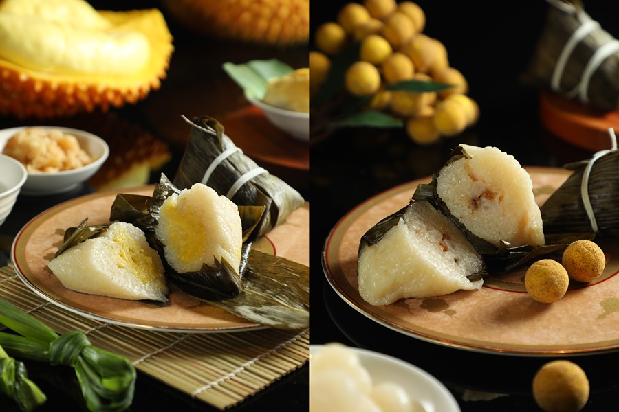 「台北遠東香格里拉」今年推出兩款充滿濃郁南洋風味的「榴槤椰香粽」與「龍眼椰香粽」。