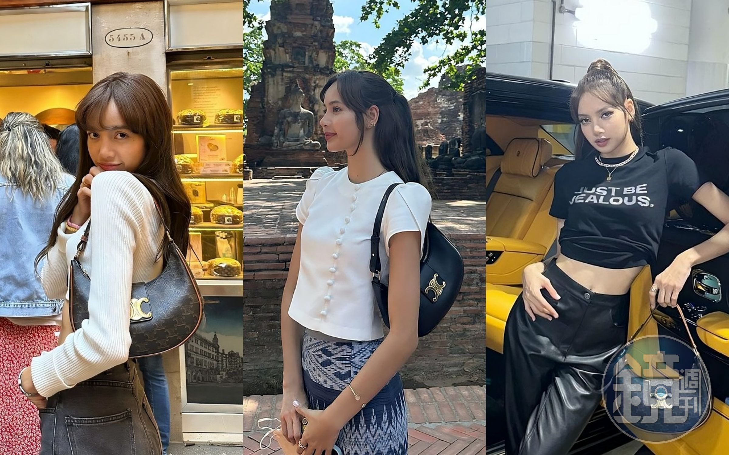 LISA無論身處哪一個國度,身穿什麼類型服裝,都稱職詮釋CELINE AVA TRIOMPHE手袋的百搭。(CELINE提供)