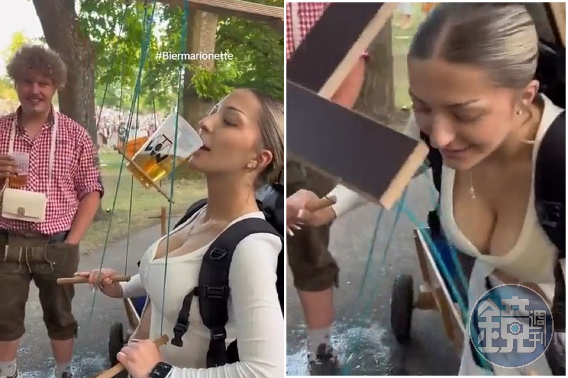 正妹喝啤酒太超過了，乳滑酒灑湯濺奶！旁邊那男人狂癡笑。（翻自video.twimg.com）