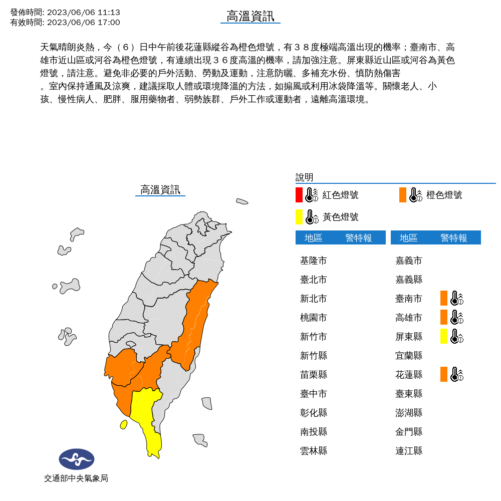 氣象局持續針對4縣市發布高溫警示。（中央氣象局提供）