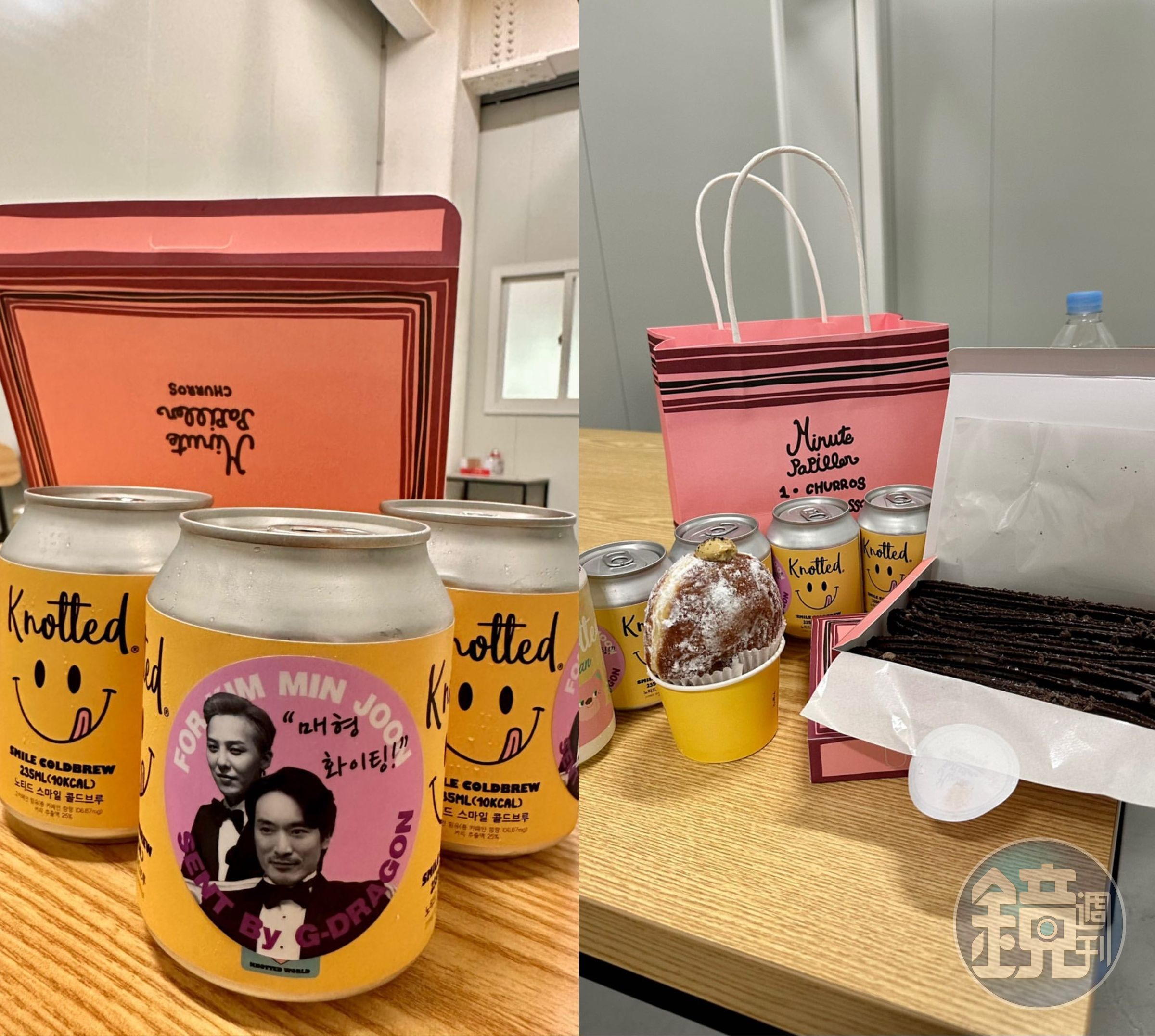 金敏俊在IG分享GD送上飲料與點心認證照。（翻攝自金敏俊Instagram）
