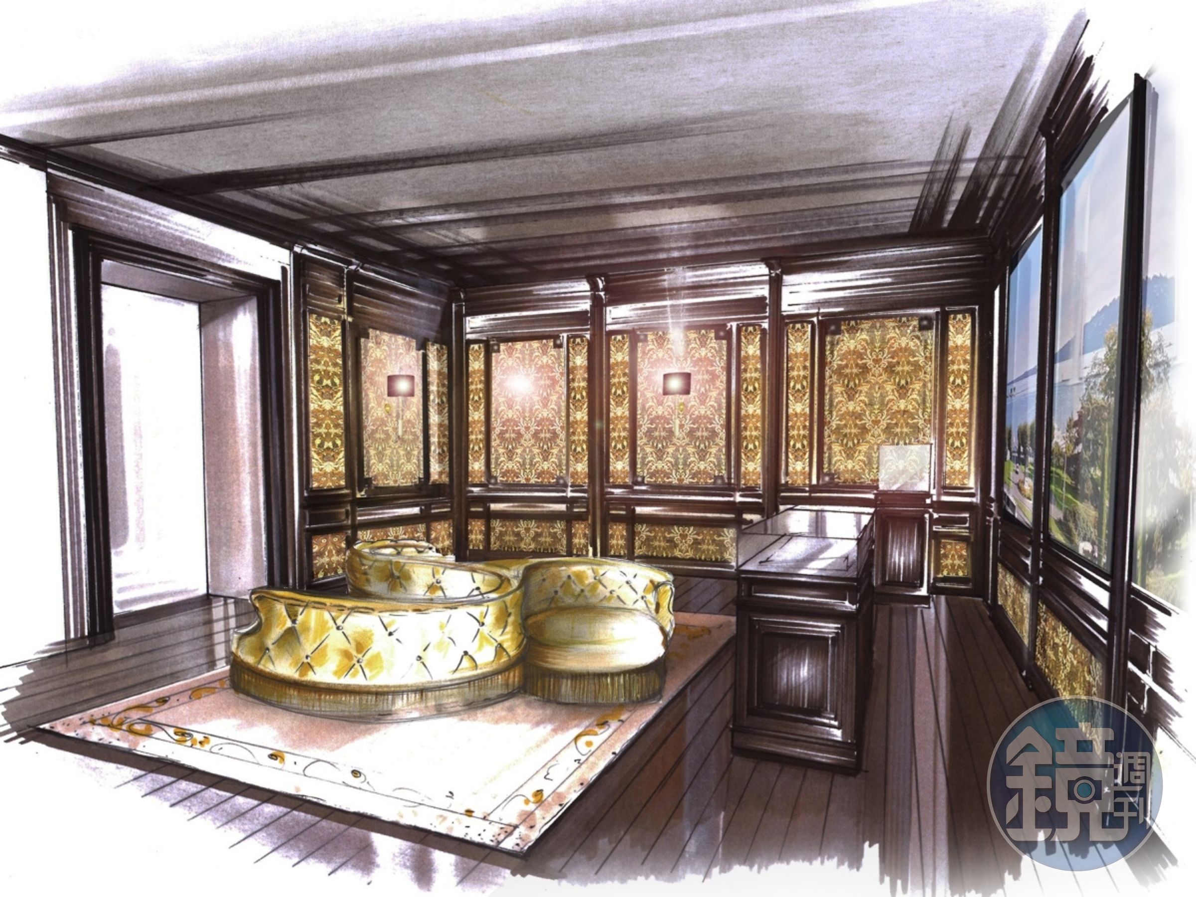 百達翡麗2023年東京鐘錶藝術大展的「拿破崙展廳」的設計圖。此展廳重現日內瓦百達翡麗沙龍內的拿破崙展廳,並以原比例再現日內瓦湖的景色,彷彿置身日內瓦。
