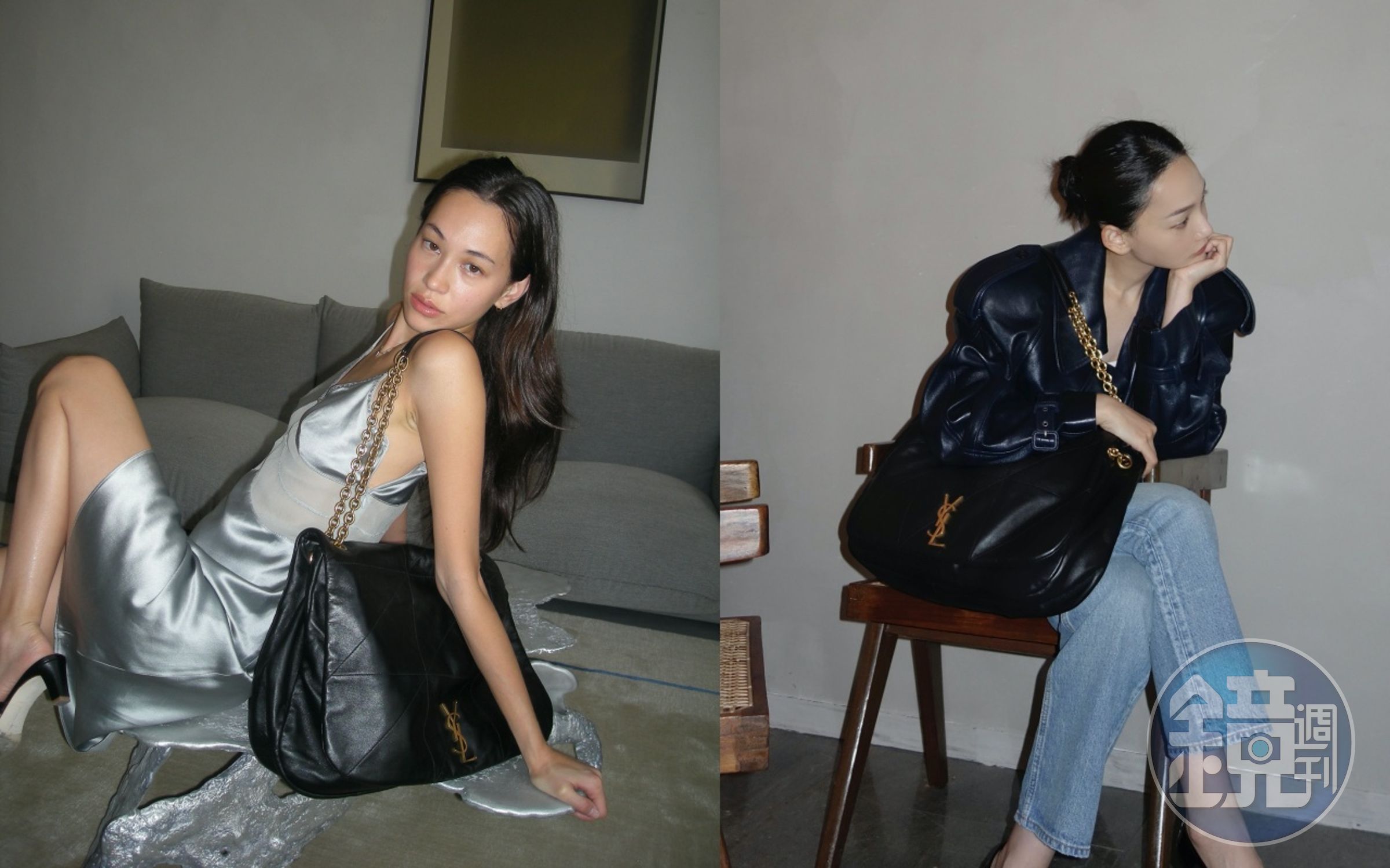 （左起）水原希子、林映唯以不同的穿搭讓JAMIE 4.3鏈條手袋有不同的表情。（SAINT LAURENT提供）