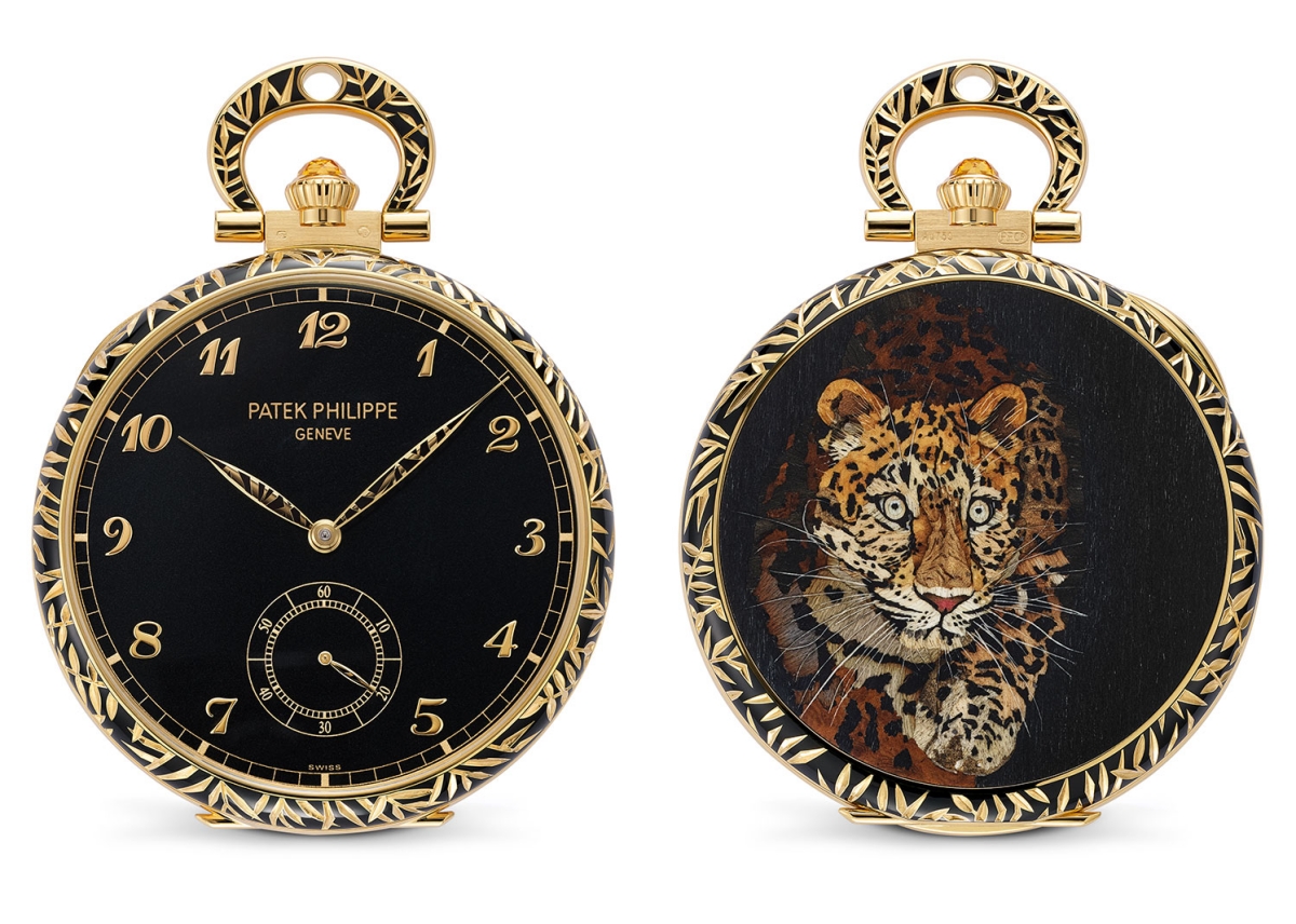 百達翡麗的珍稀工藝作品一直都是頂級收藏家追求的夢幻逸品。此為2023年新作Leopard懷錶ref. 995/137J-001，其背面採用細木鑲嵌工藝，錶殼則採用內填琺瑯。
