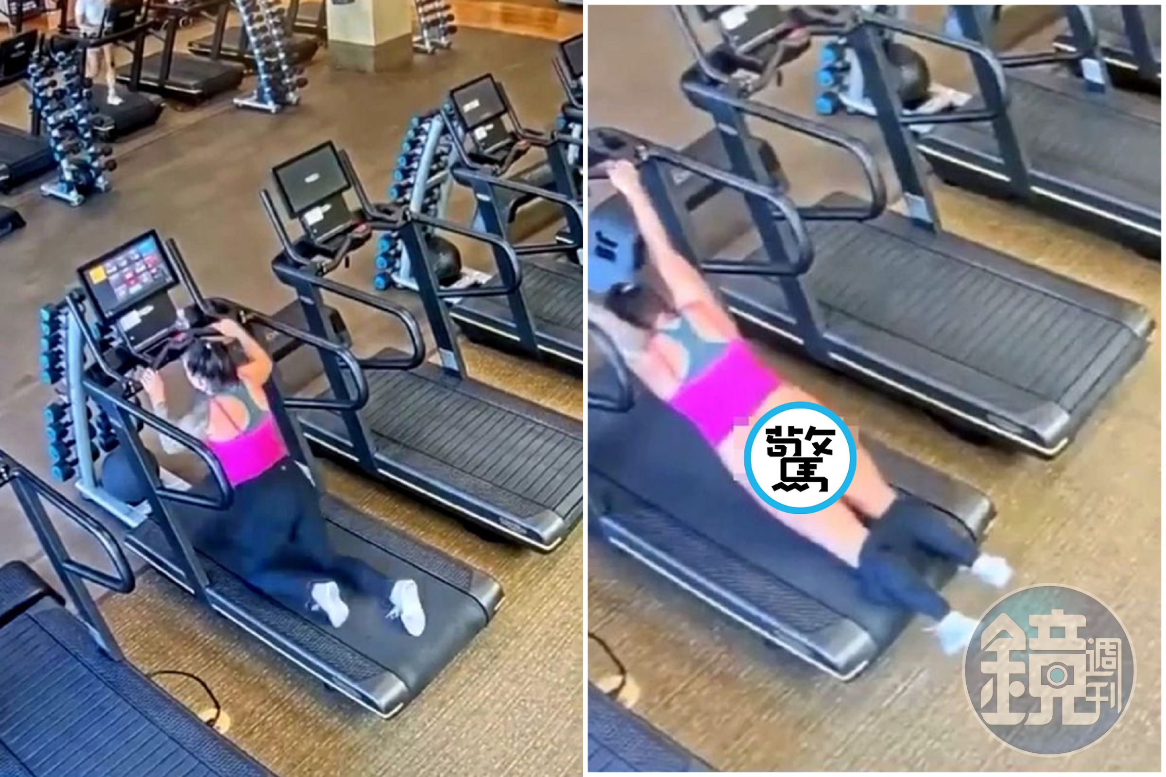 健身要小心！女在跑步機上絆倒，下半身被「磨到脫褲」全裸走光。（翻自《每日郵報》）