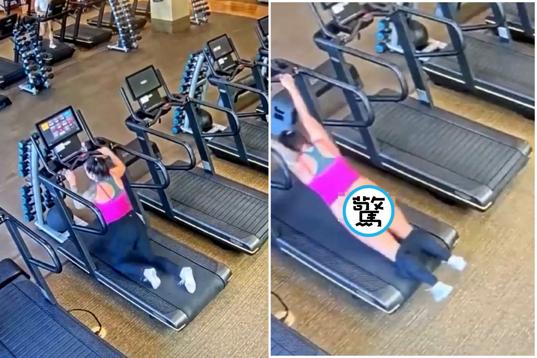 健身要小心！女在跑步機上絆倒，下半身被「磨到脫褲」全裸走光。（翻自《每日郵報》）