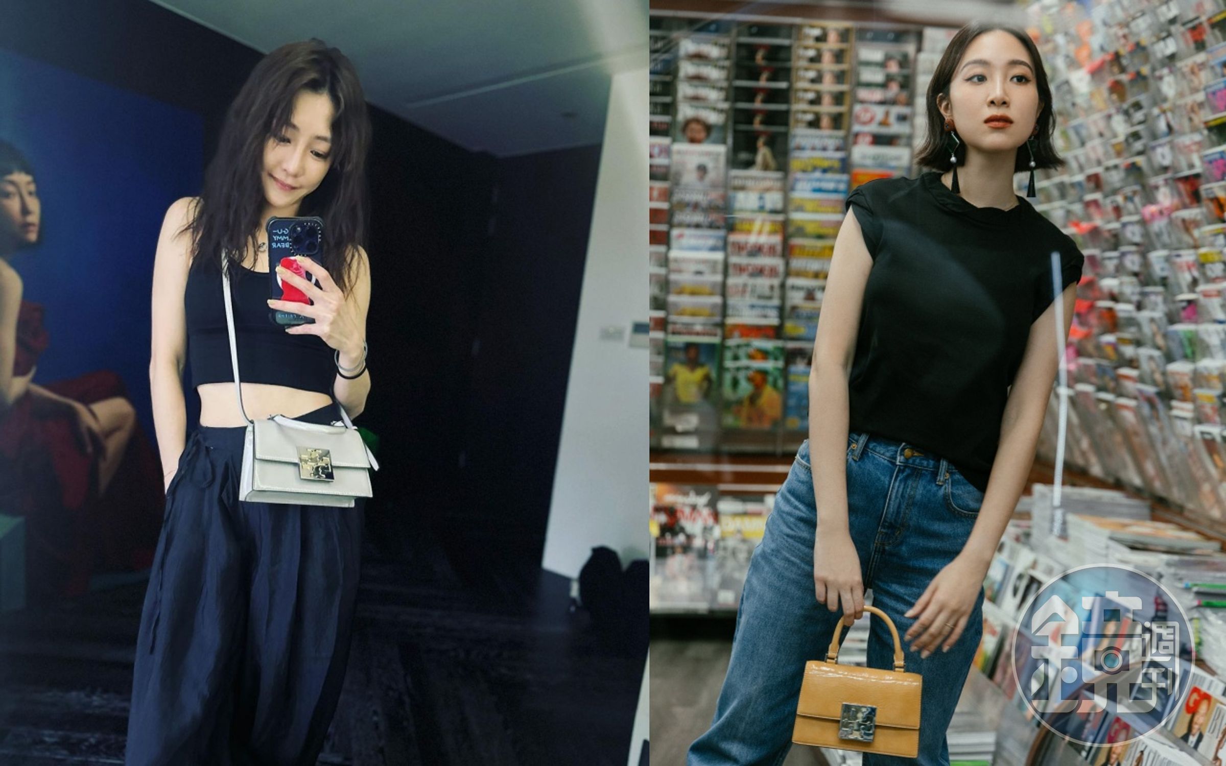 (左起)謝欣穎、Melinda的私服look已經有了TORY BURCH Bon Bon迷你手提包的蹤影。(TORY BURCH提供)