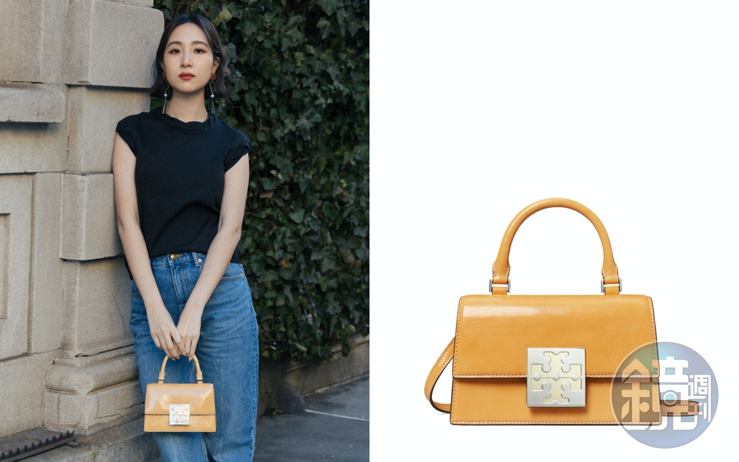 Melinda的同款Bon Bon淺芒果黃色迷你手提包。NT$17,900(TORY BURCH提供)