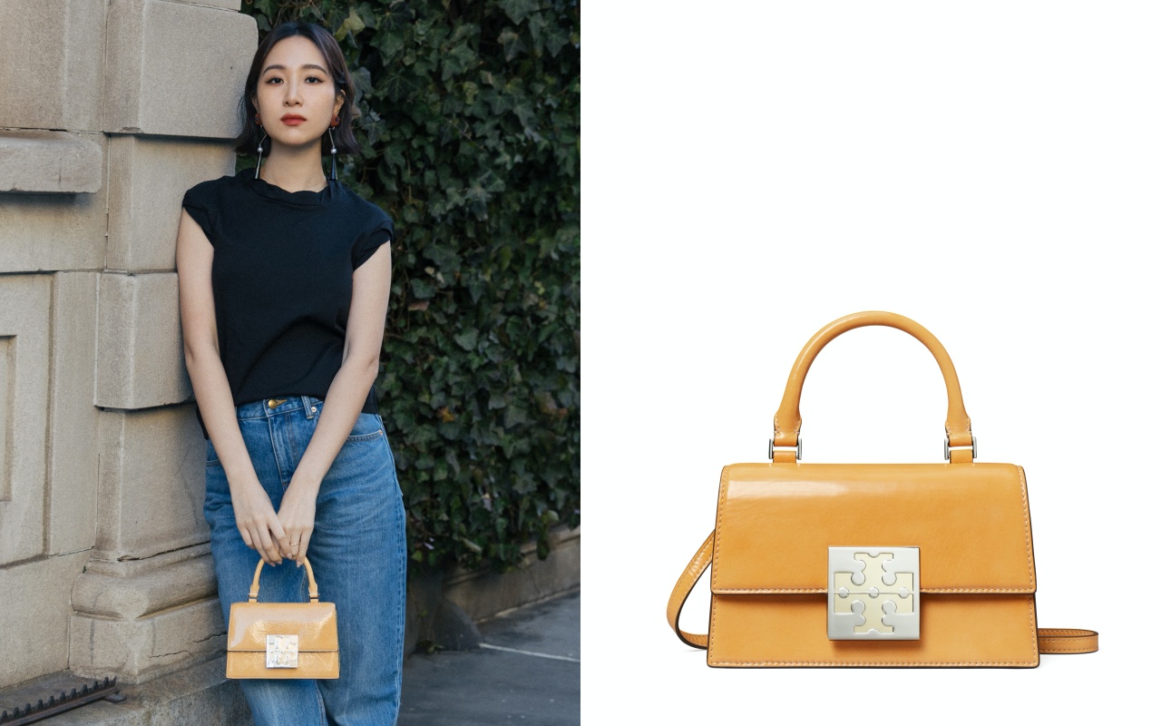 Melinda的同款Bon Bon淺芒果黃色迷你手提包。NT$17,900(TORY BURCH提供)